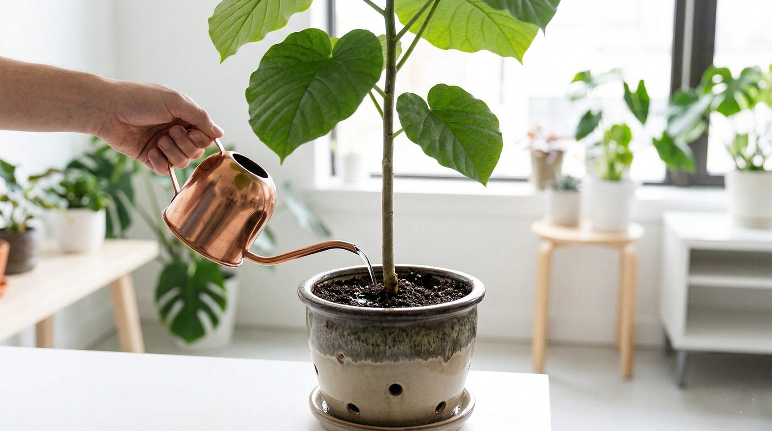 "Watering Ficus Umbellata in a well-drained pot indoors."
