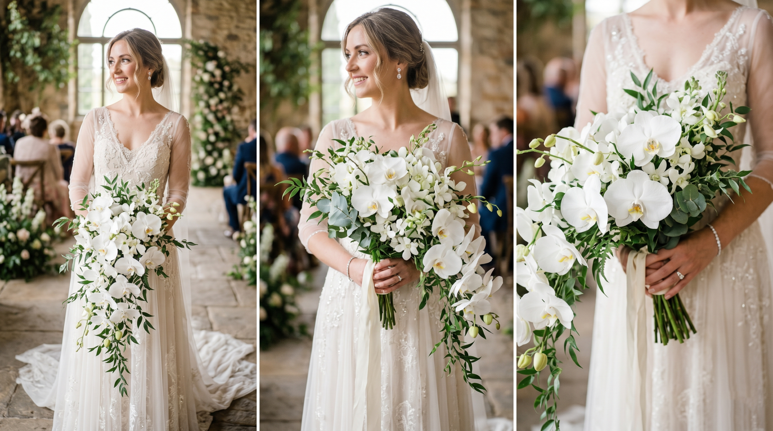 Elegant white orchid wedding bouquet with cascading floral design