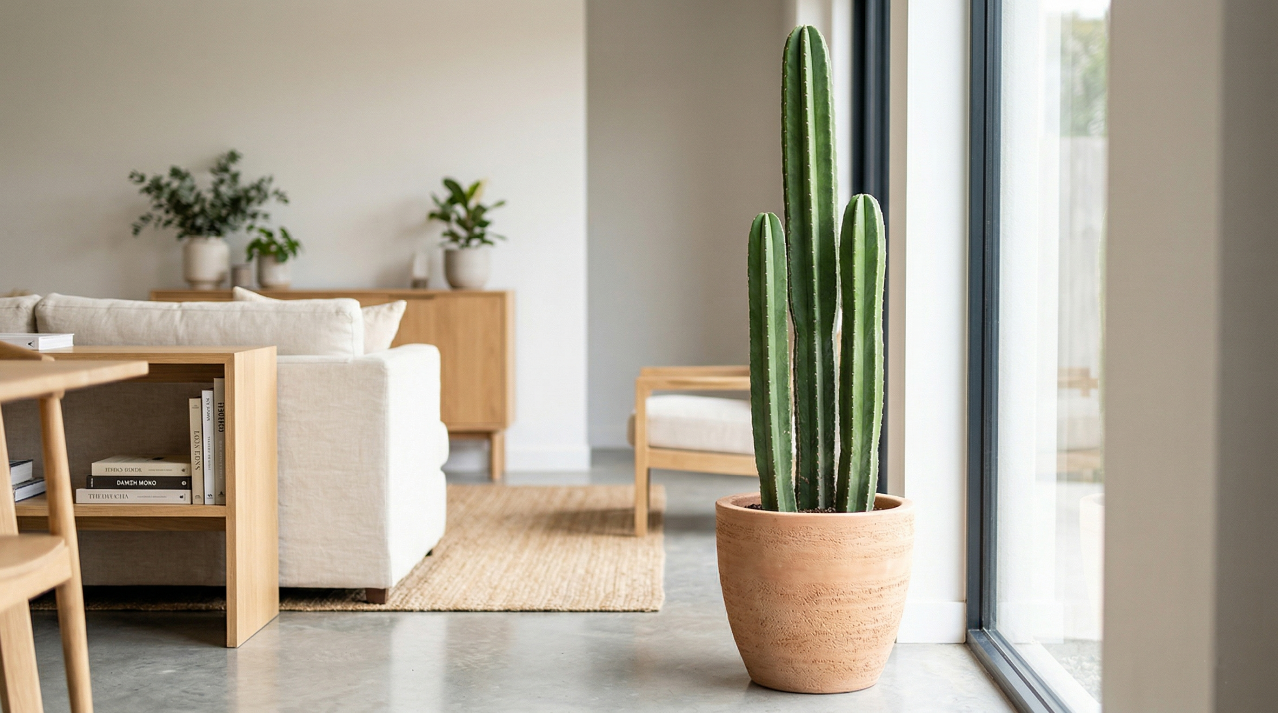 Mexican Fence Post Cactus thriving in indirect natural light in a modern indoor setting.