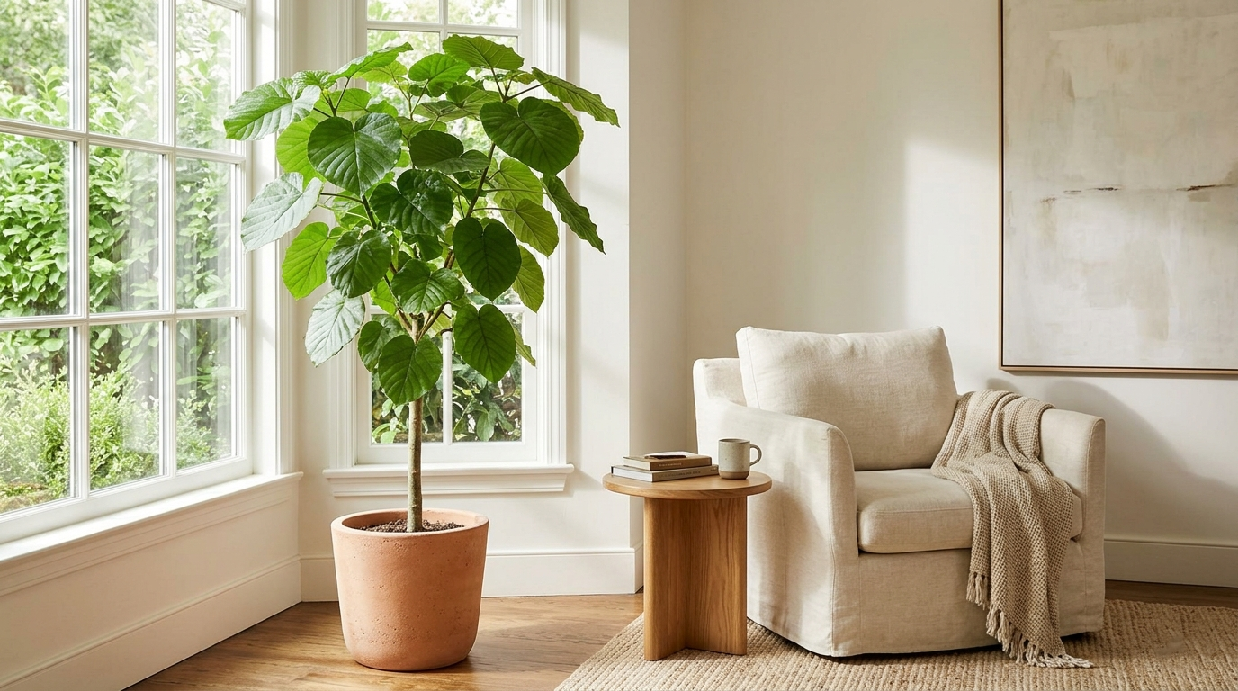 "Ficus Umbellata indoor plant with glossy leaves in a bright living room."