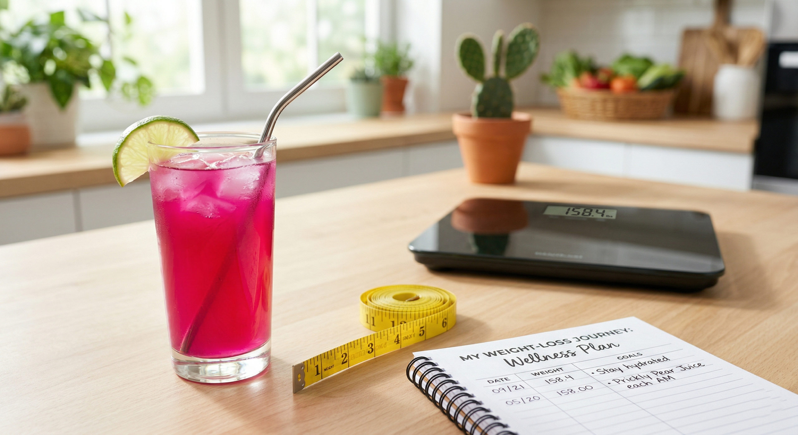 "Cactus prickly pear juice placed next to a tape measure and scale, representing weight loss and wellness."