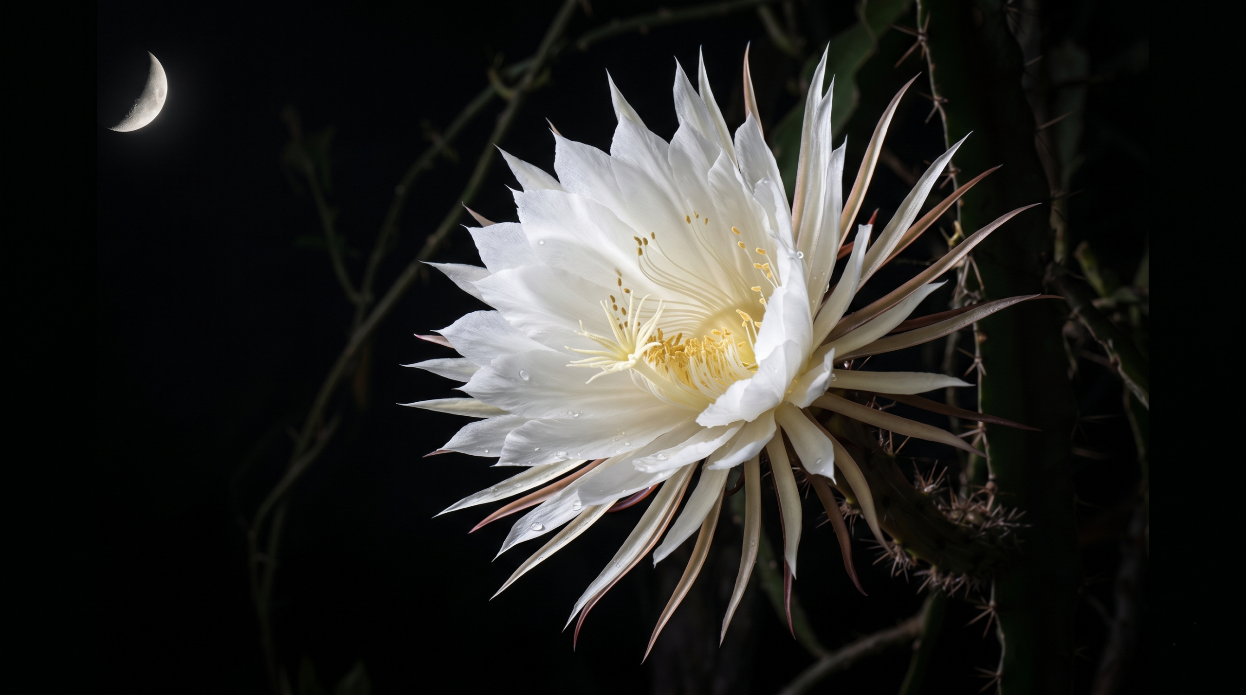 Moonlight cactus flower blooming at night with large white petals