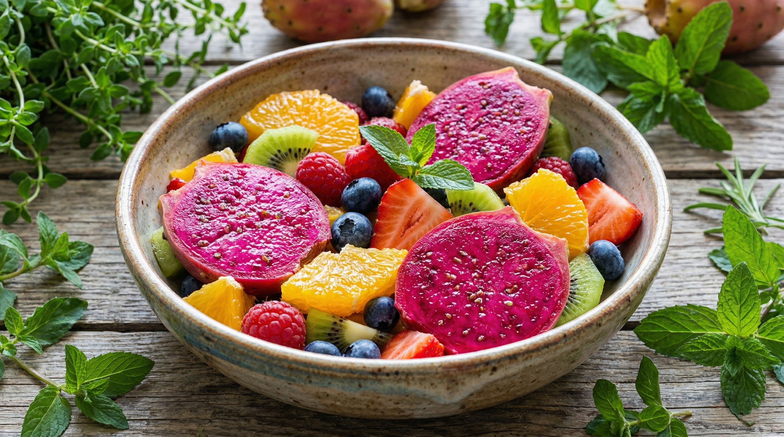 "Fruit salad featuring cactus prickly pear slices with fresh oranges, berries, and kiwi, highlighting healthy eating."
