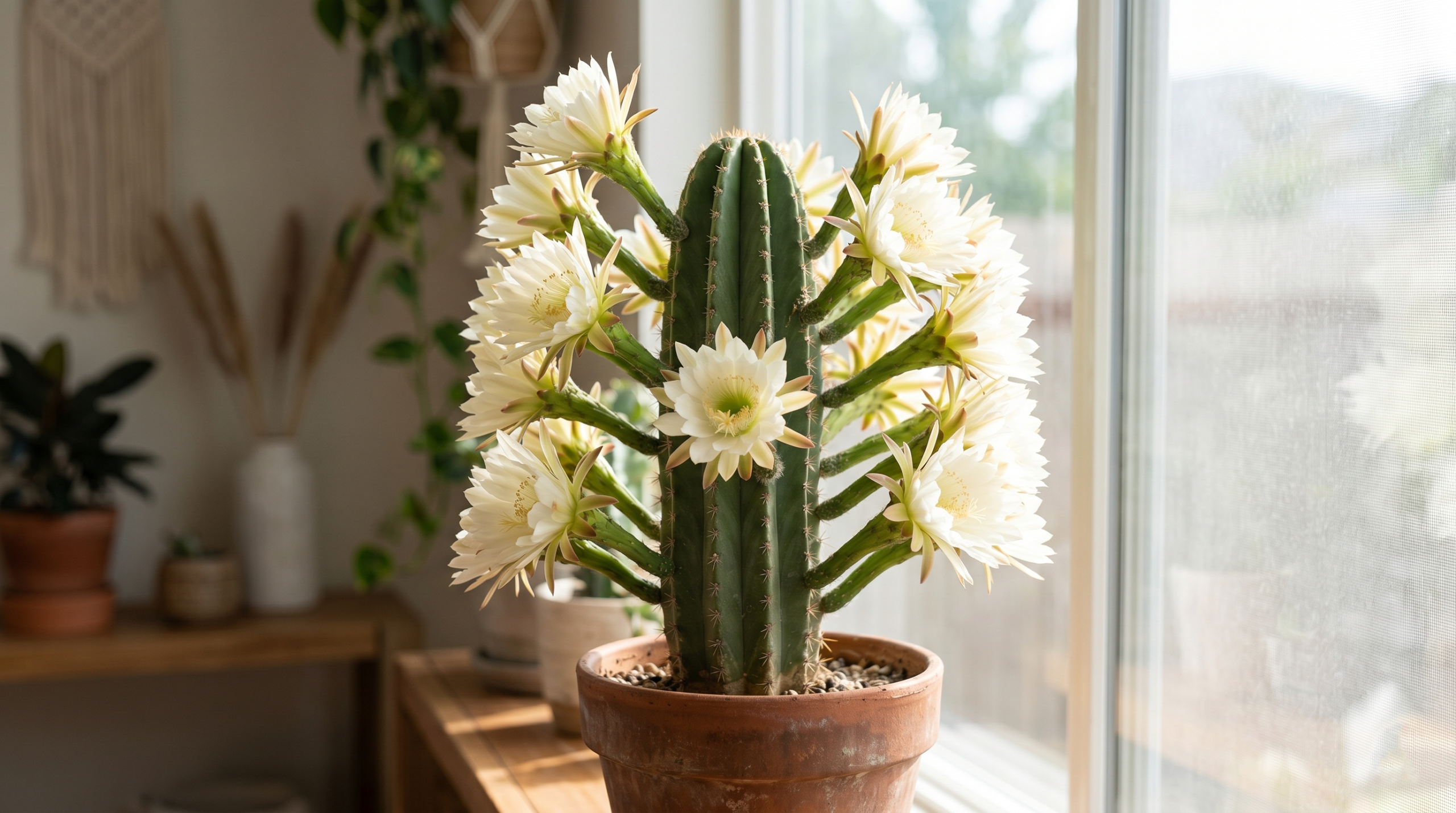 Mexican Fence Post Cactus blooming with large white flowers in an indoor setting.