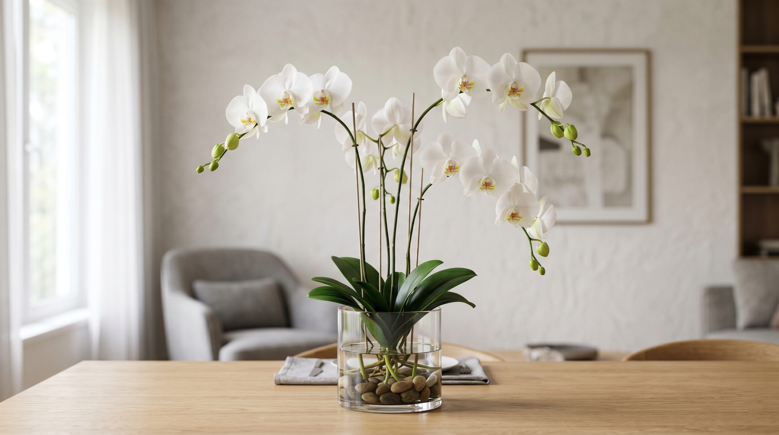 Minimalist orchid bouquet with white Phalaenopsis in a glass vase