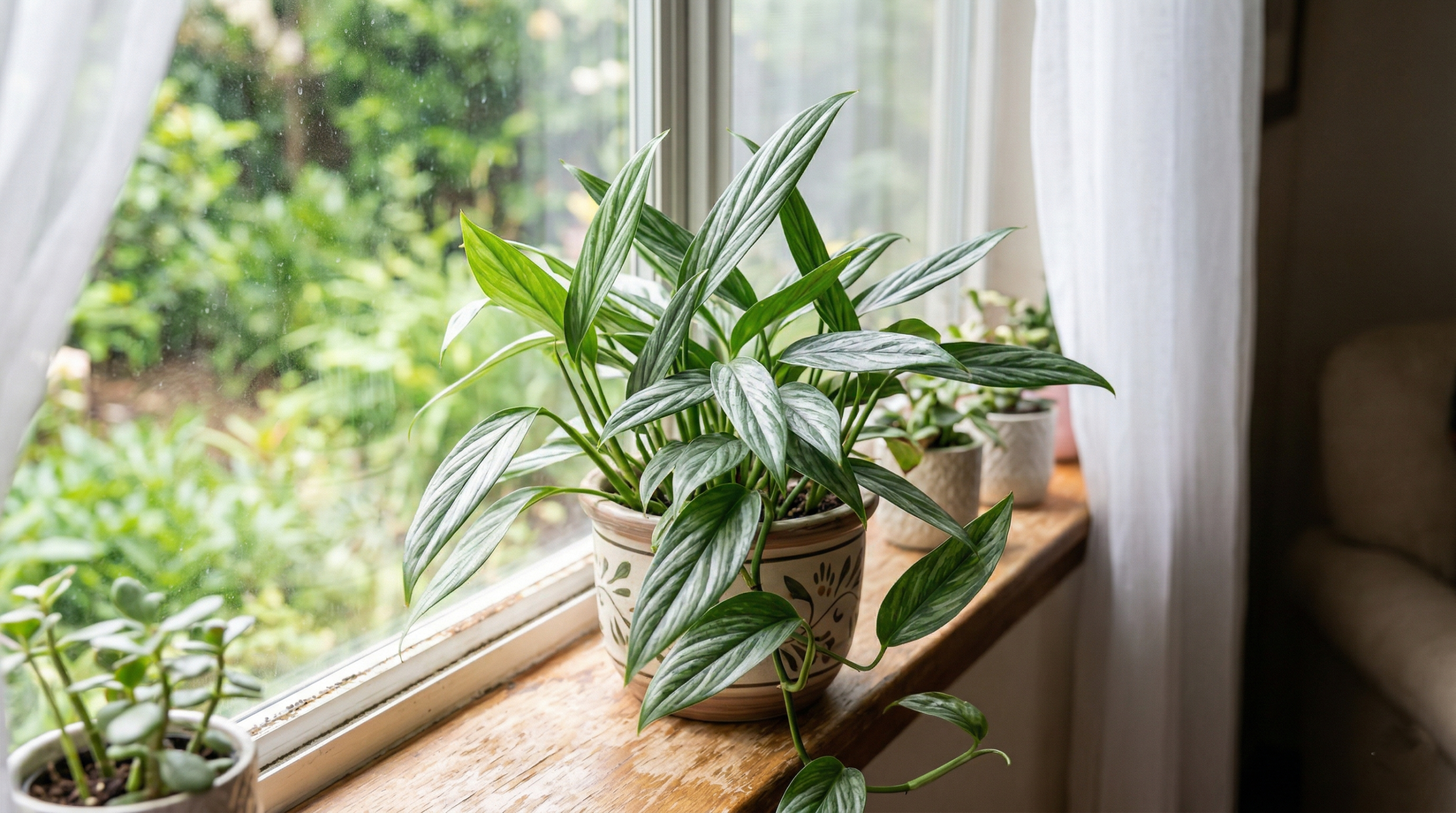 Silver Streak Pothos on a windowsill with bright, indirect sunlight.