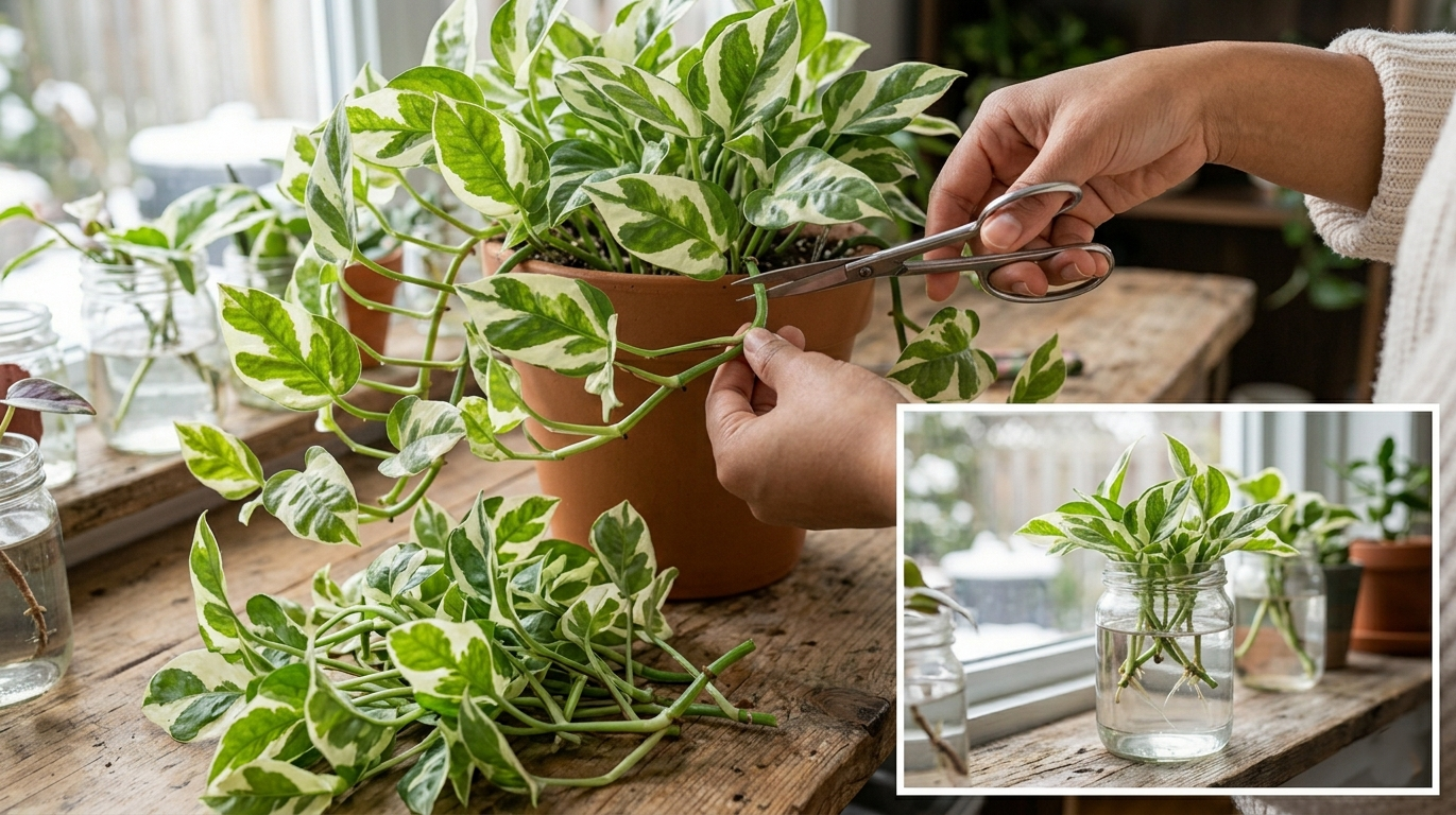 "Pruning Glacier Pothos plant to encourage bushier growth with scissors."
