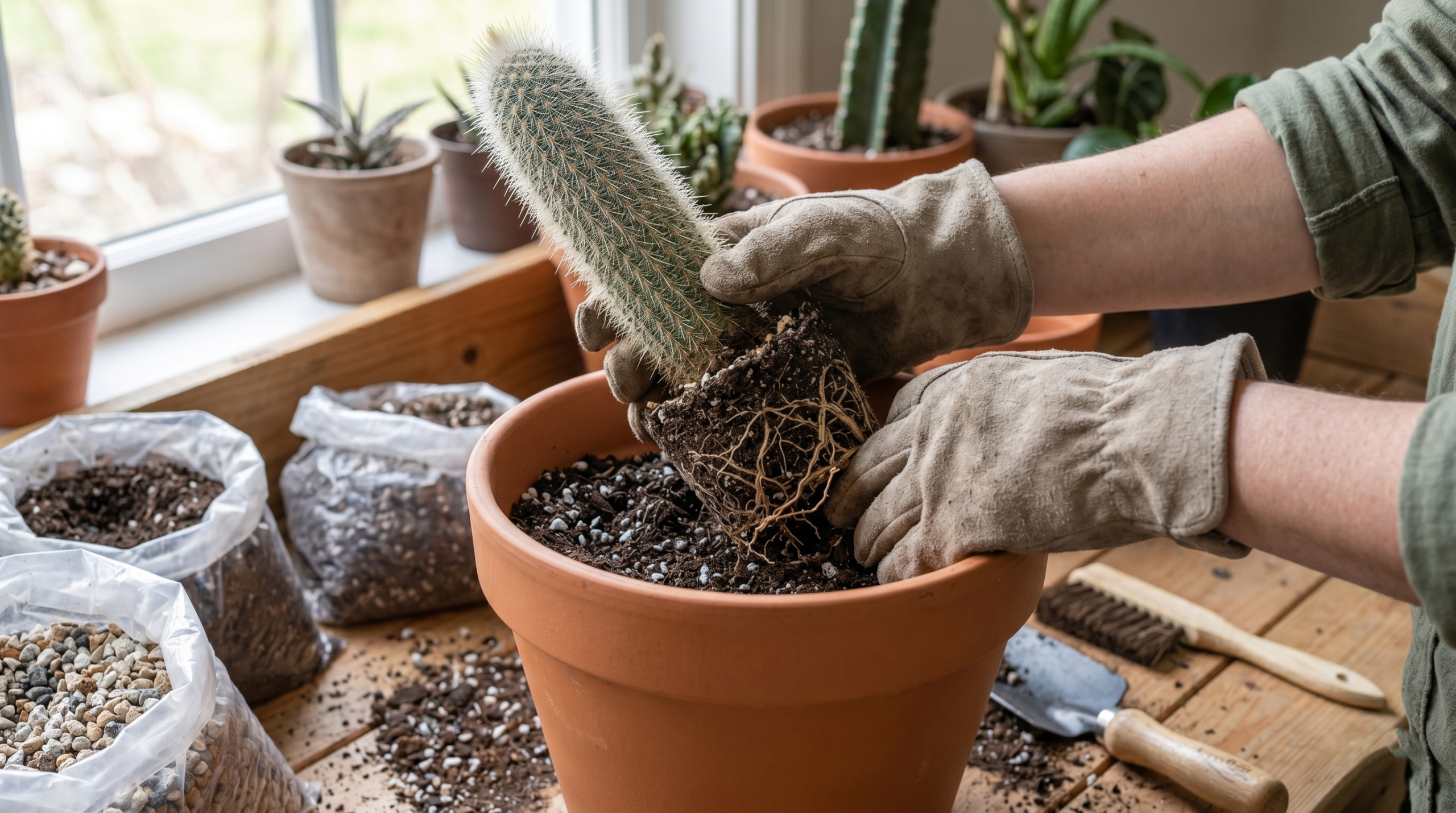 Repotting a silver torch cactus into a larger pot with fresh soil