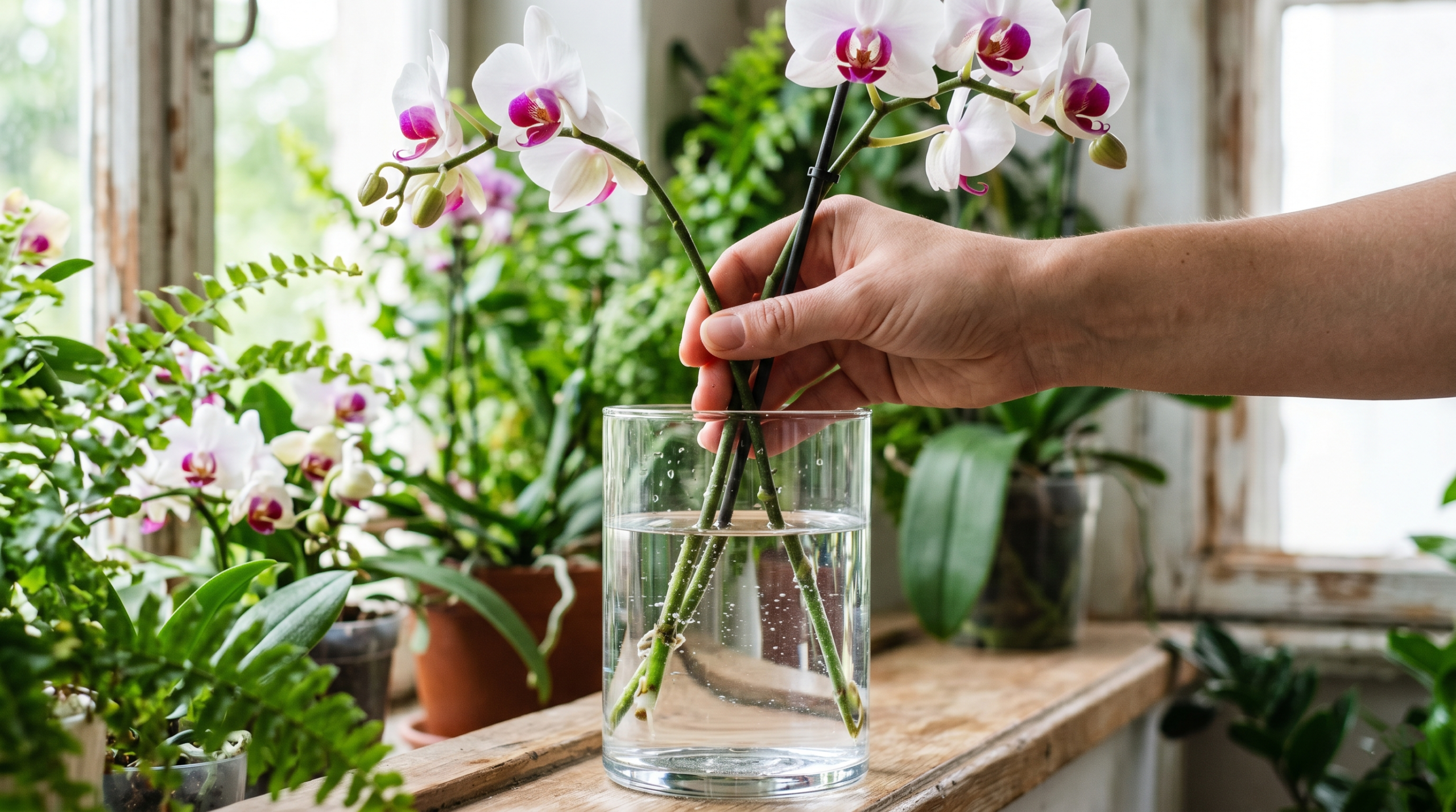 Hydrating orchid stems in clean water to keep bouquet fresh longer
