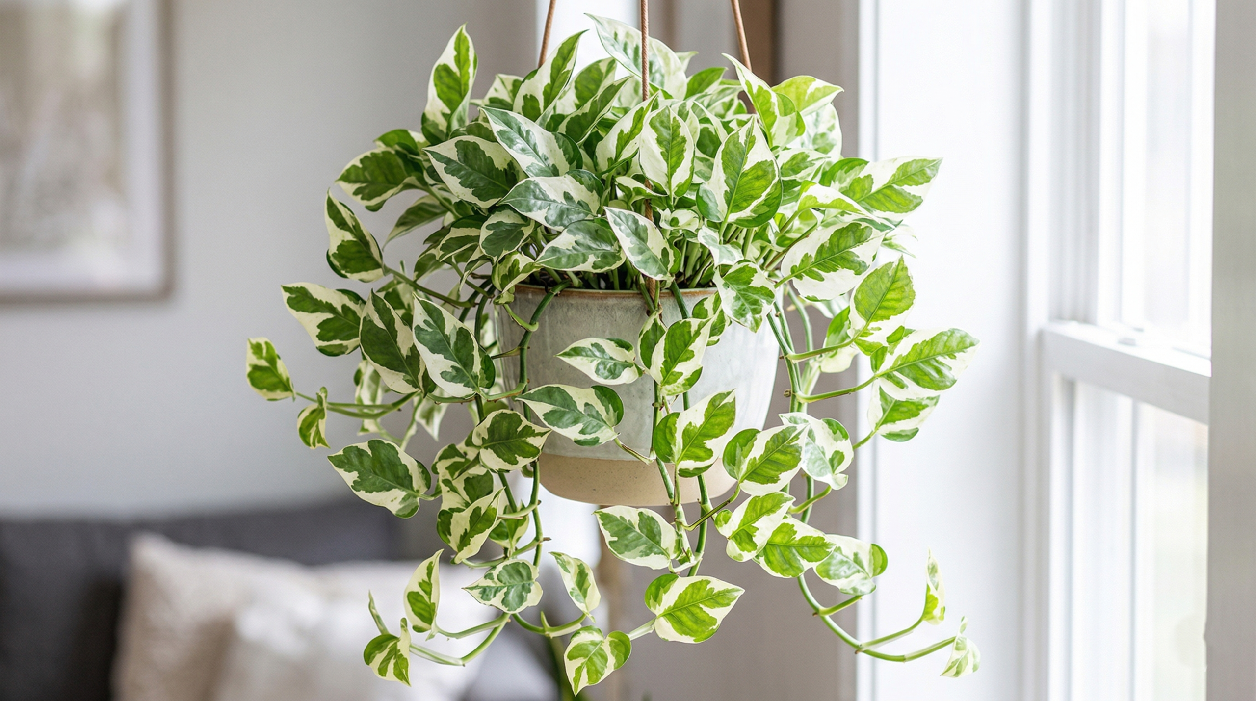 "Close-up of Glacier Pothos with variegated silver and green leaves in a well-lit room."
