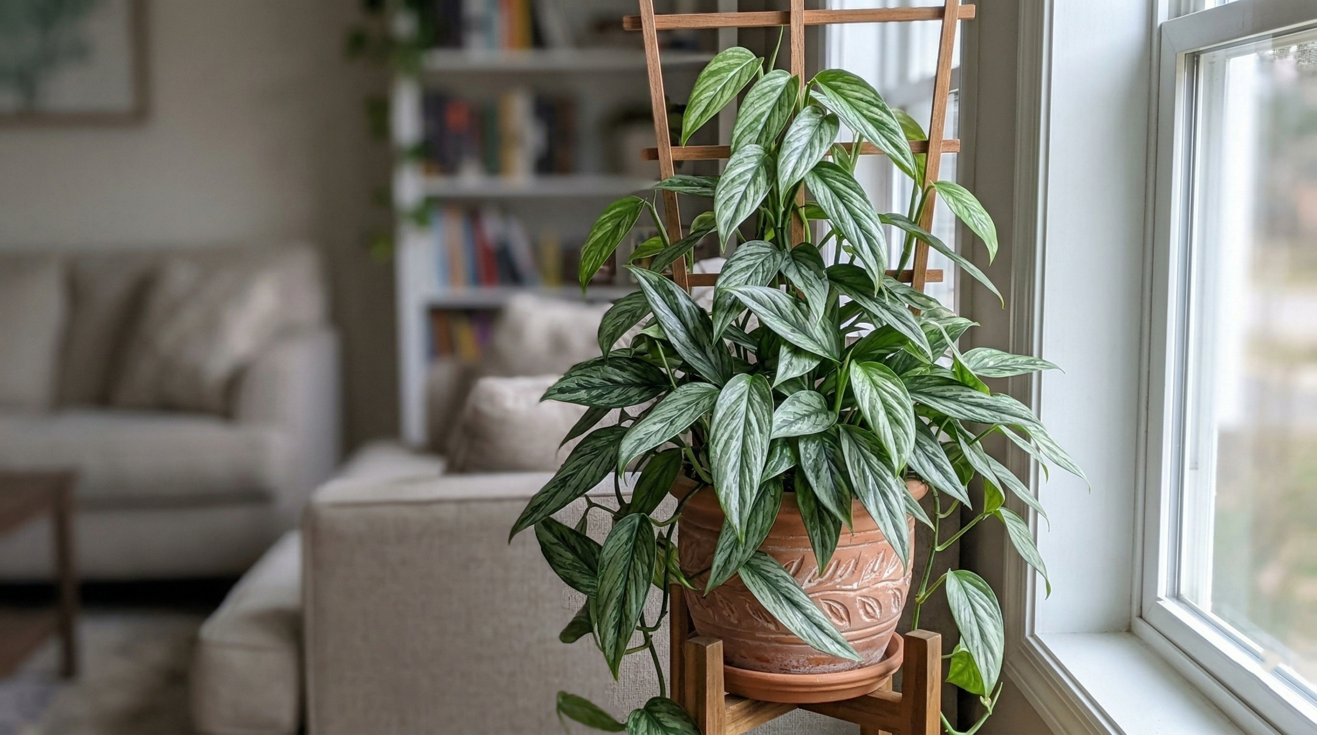 Mature Silver Streak Pothos climbing a trellis in a well-lit indoor corner.