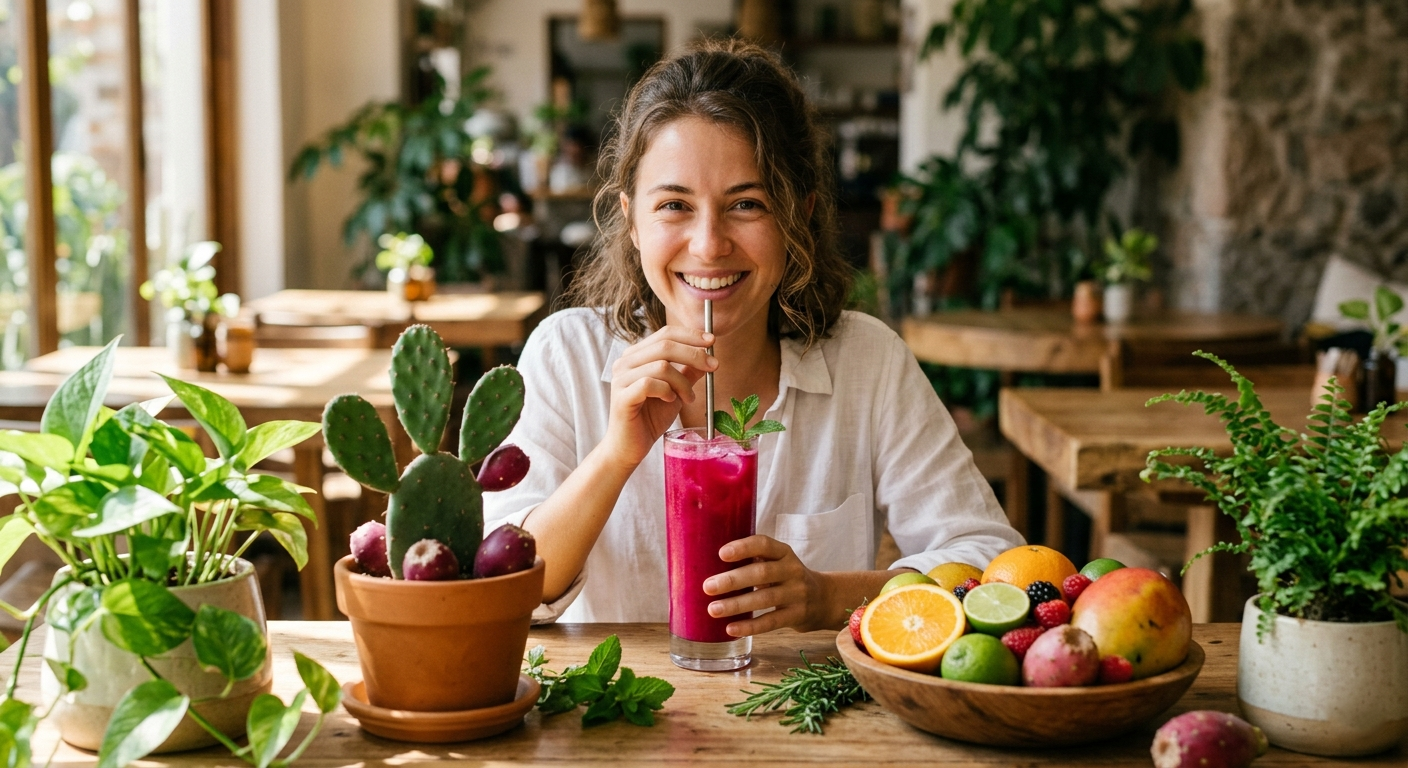 "Healthy person drinking cactus prickly pear juice, surrounded by fresh fruits, promoting wellness."