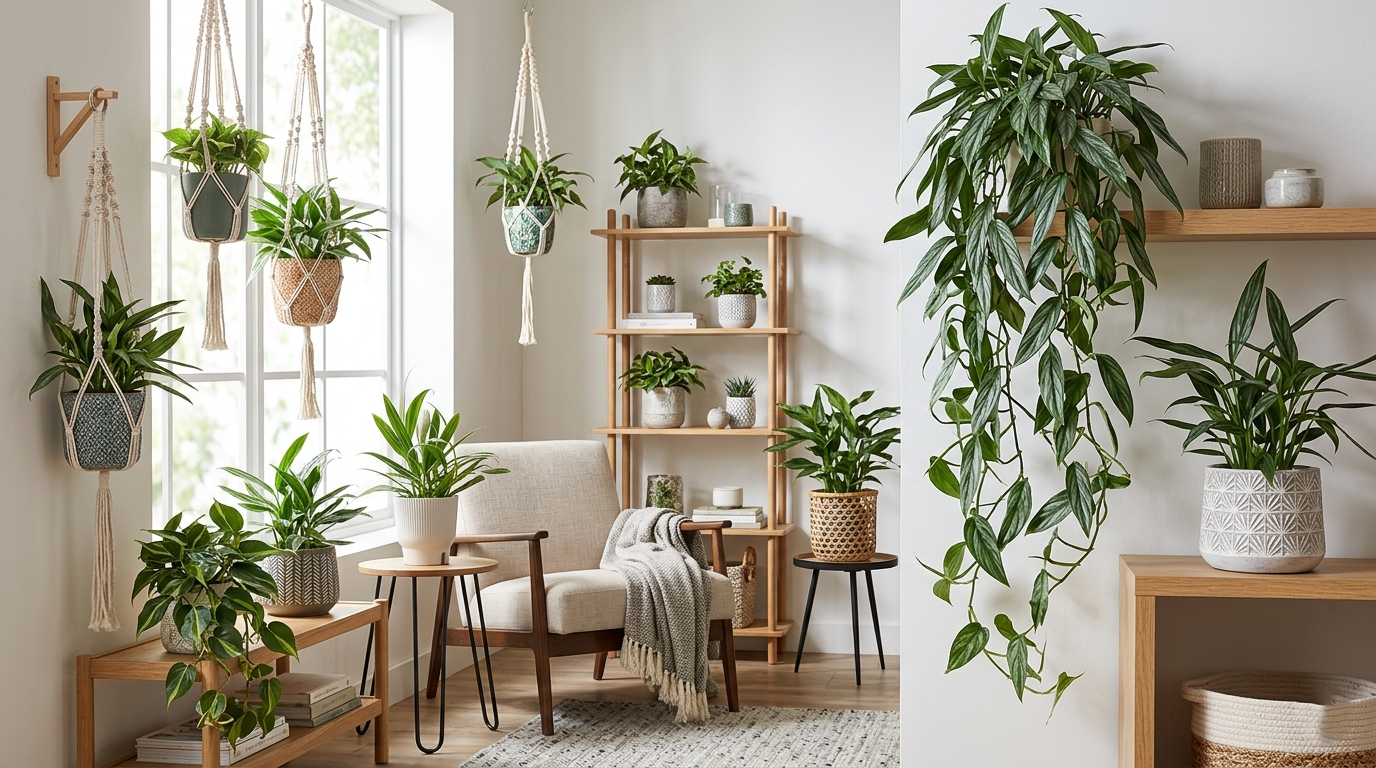 Multiple Silver Streak Pothos plants styled in a cozy, modern indoor space.