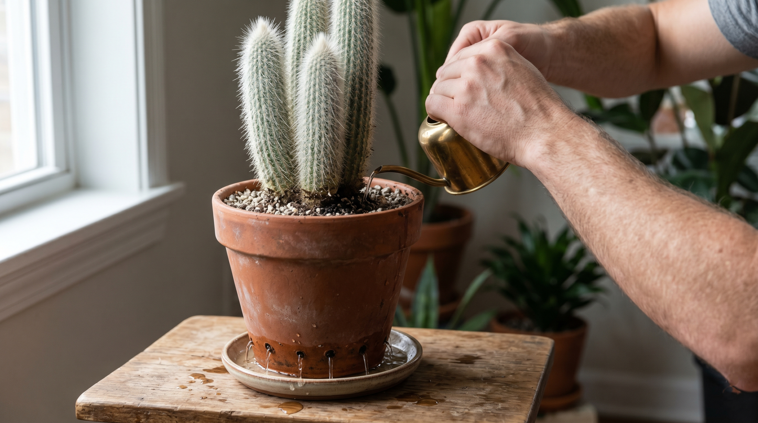 Watering a silver torch cactus using soak and dry method in a terracotta pot
