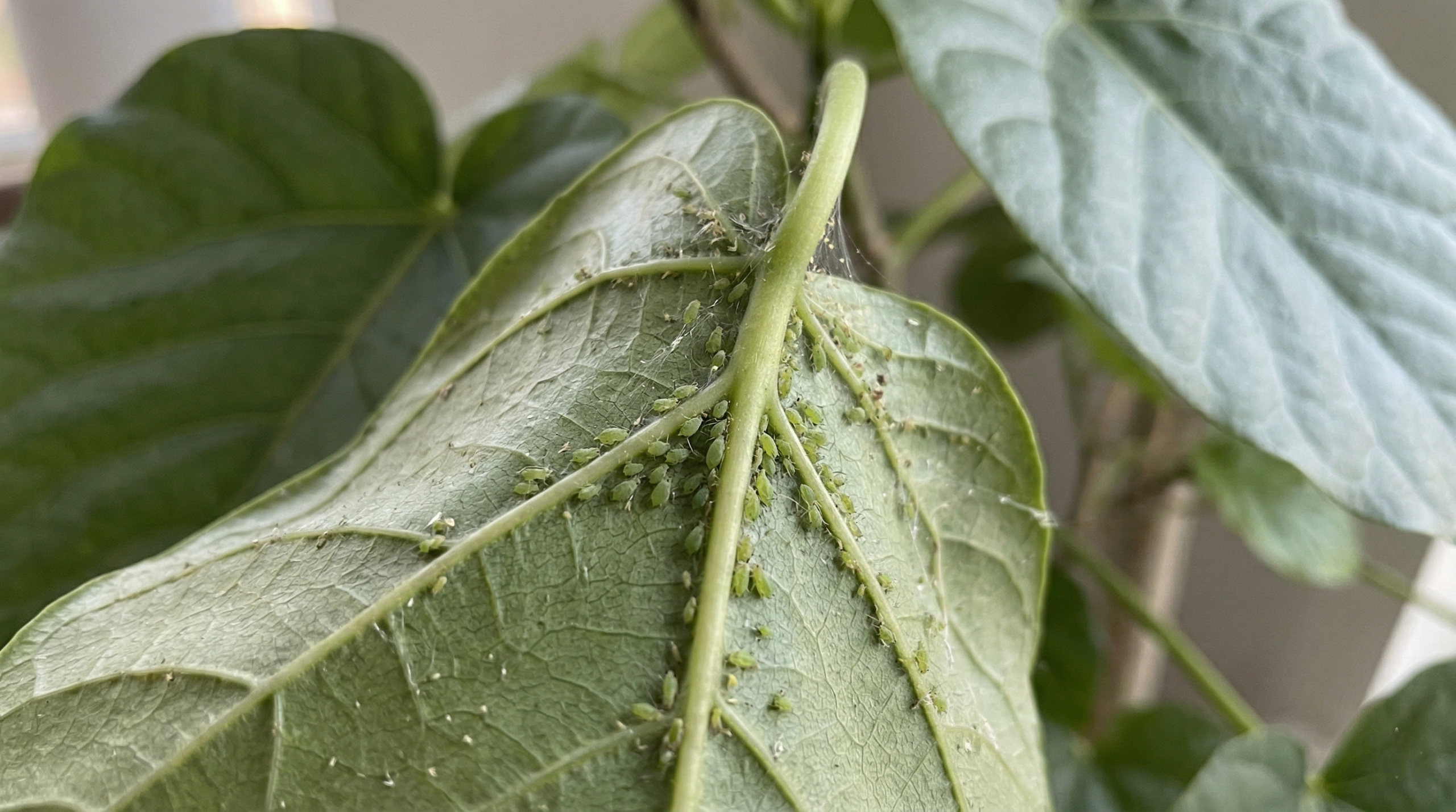 "Close-up of pests (spider mites) on Ficus Umbellata leaves."