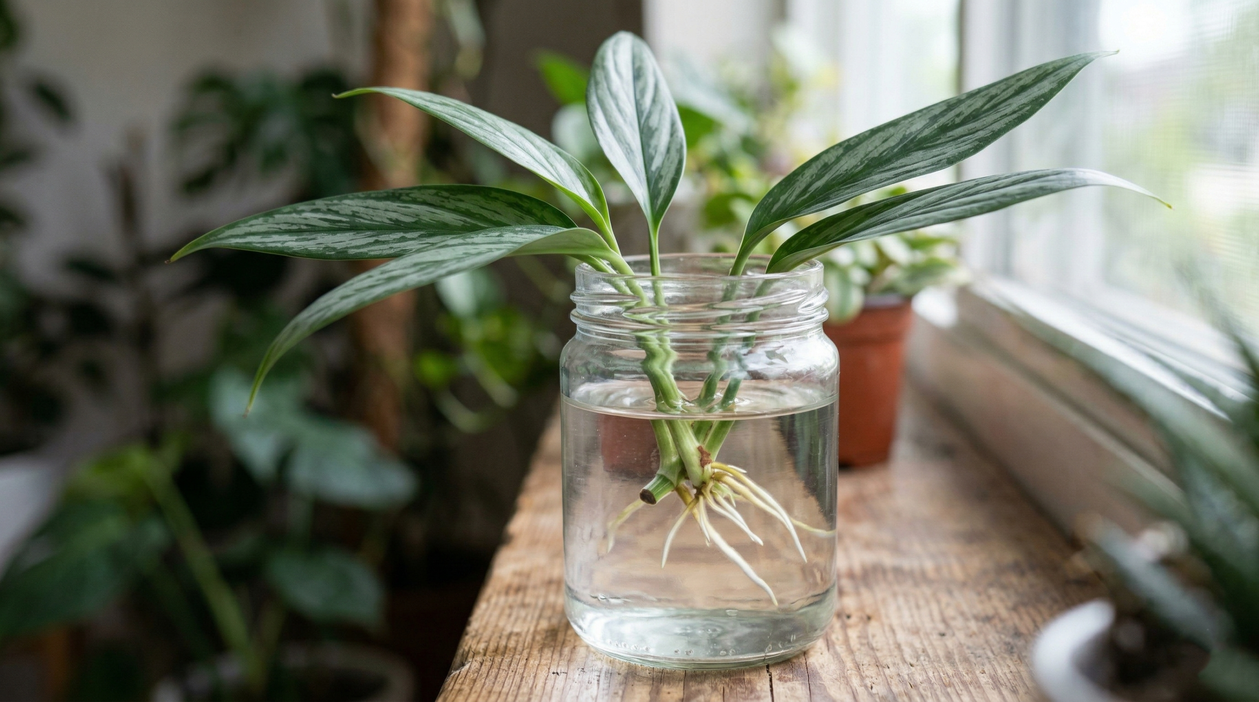 Propagating Silver Streak Pothos cutting in a glass of water with visible roots.