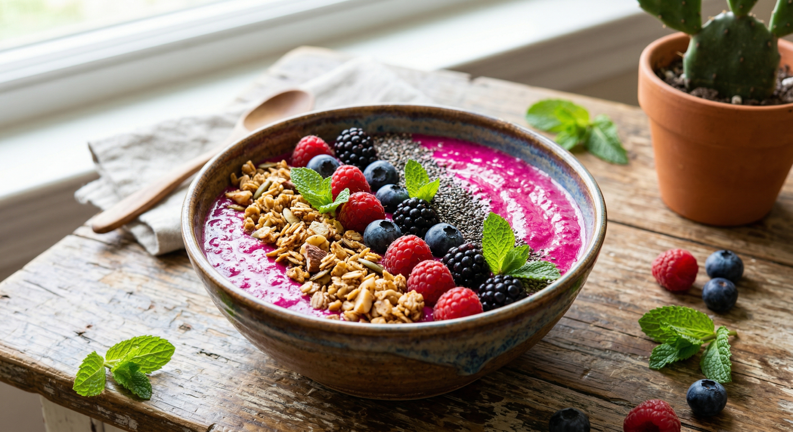 "Smoothie bowl made with cactus prickly pear juice, topped with berries and granola, perfect for a healthy diet."