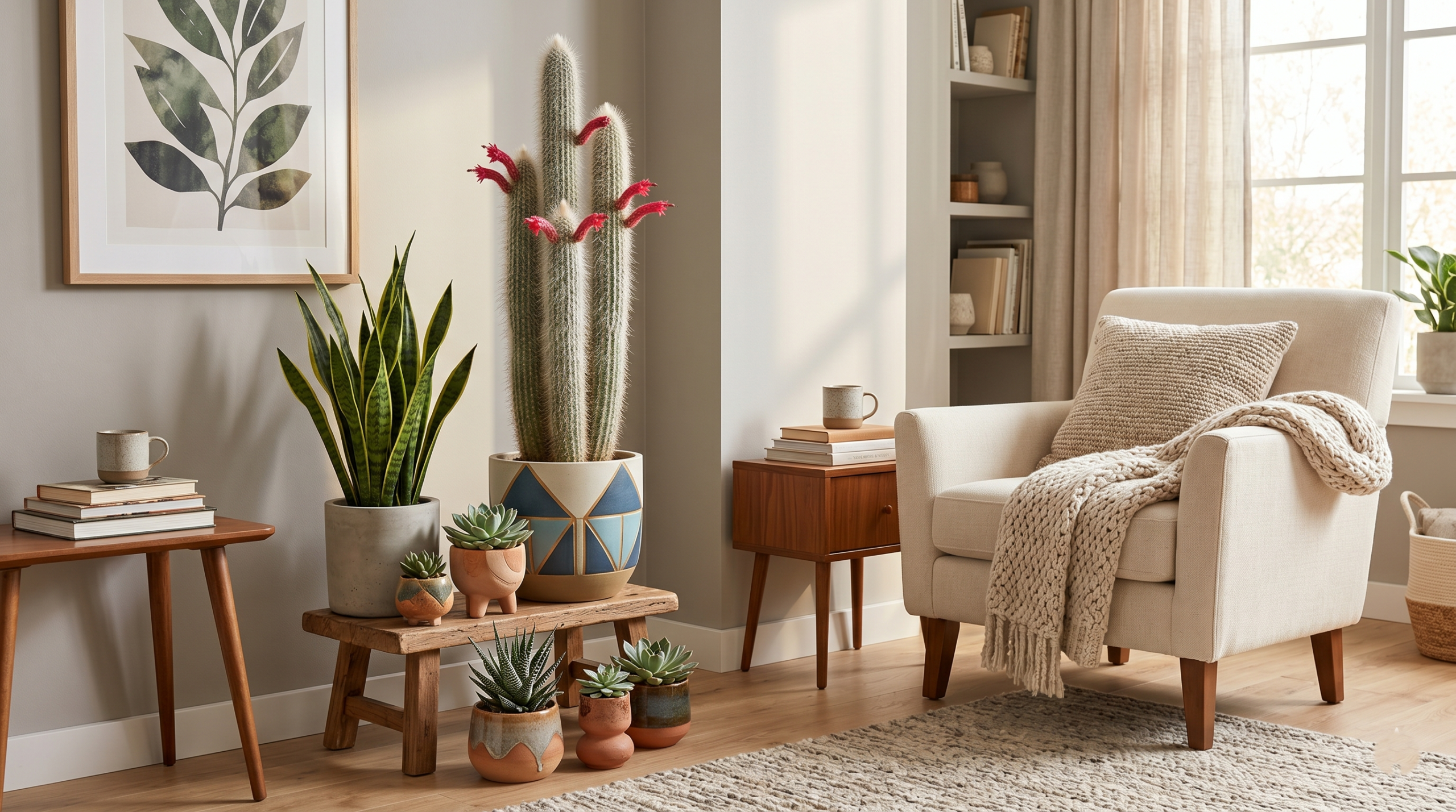 Silver torch cactus styled in a modern indoor living room with other plants