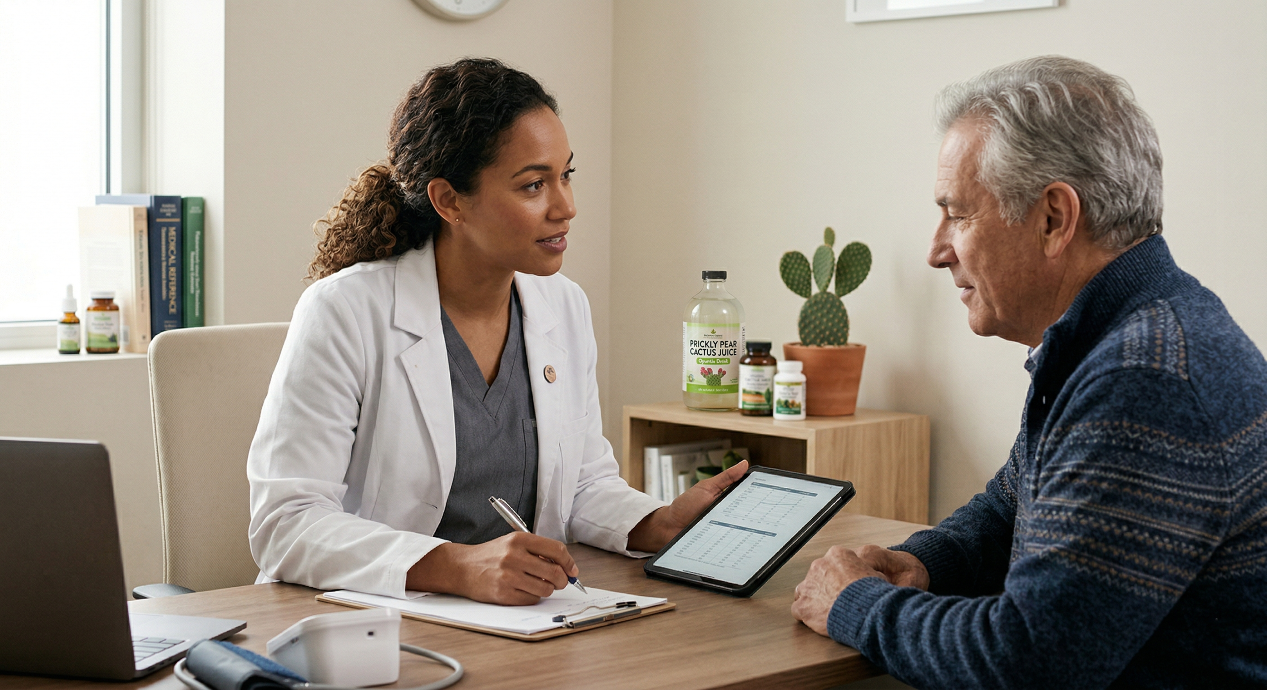 "Health professional discussing precautions related to cactus prickly pear juice with a patient."