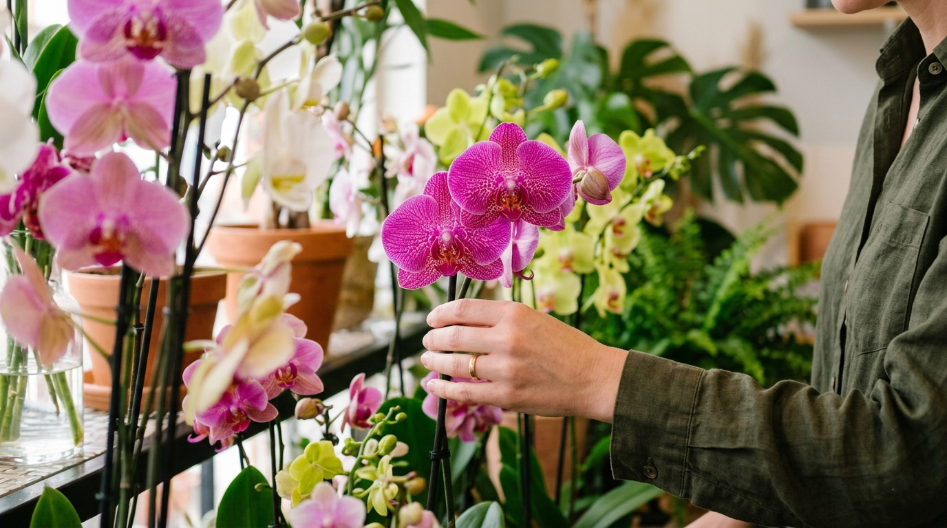 Selecting fresh orchids with healthy petals for bouquet arrangement