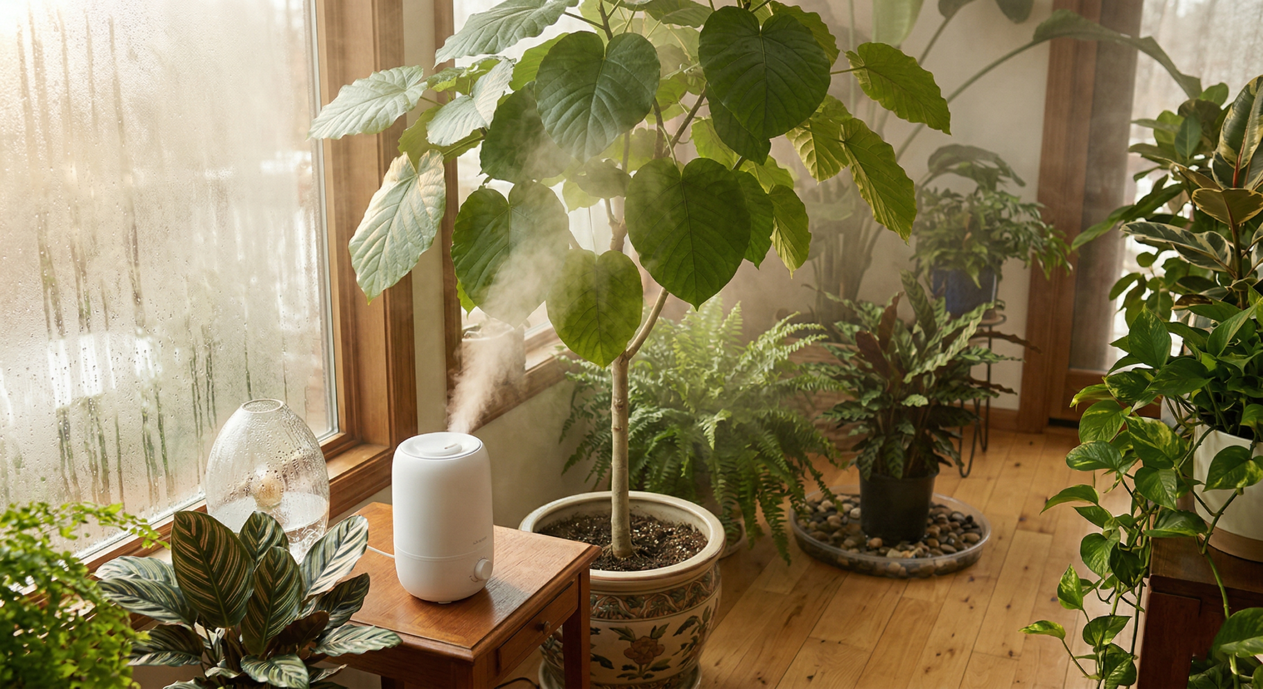 "Ficus Umbellata with humidity tray and indoor humidifier in a warm room."