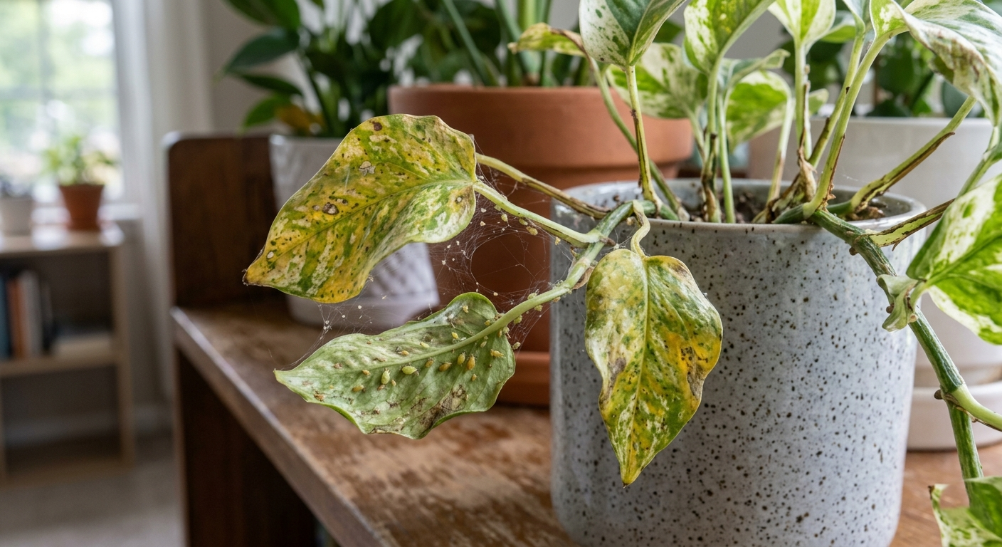 "Glacier Pothos plant showing pest damage with aphids on leaves in an indoor setting."