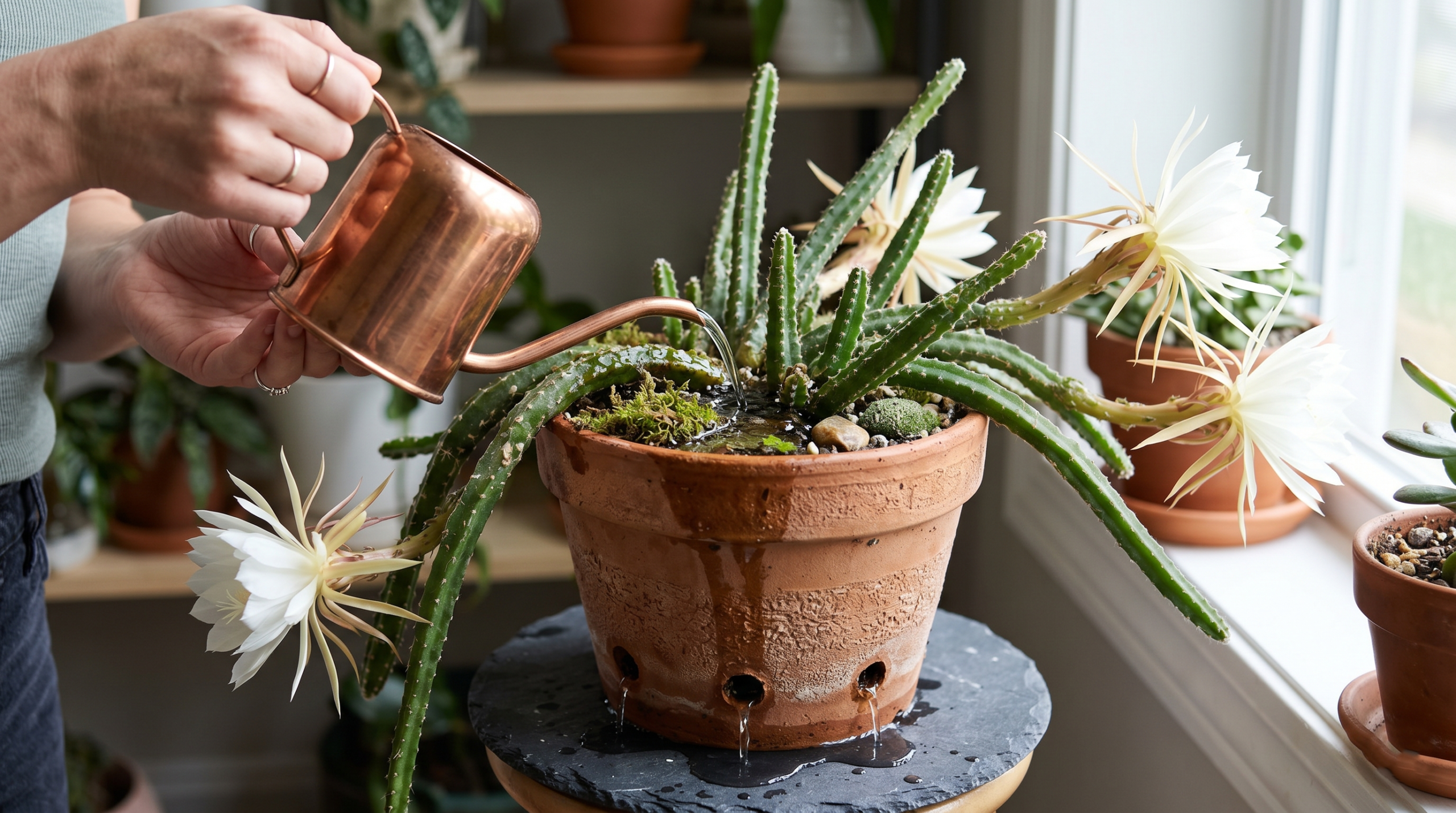 Proper watering technique for moonlight cactus in a well-draining pot