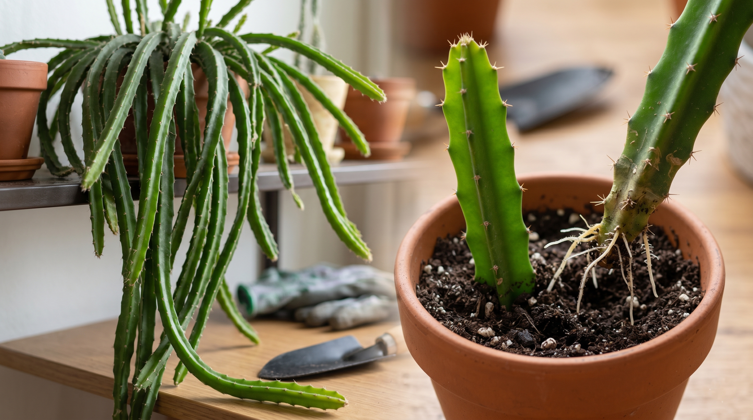 Moonlight cactus propagation using stem cuttings in a small pot