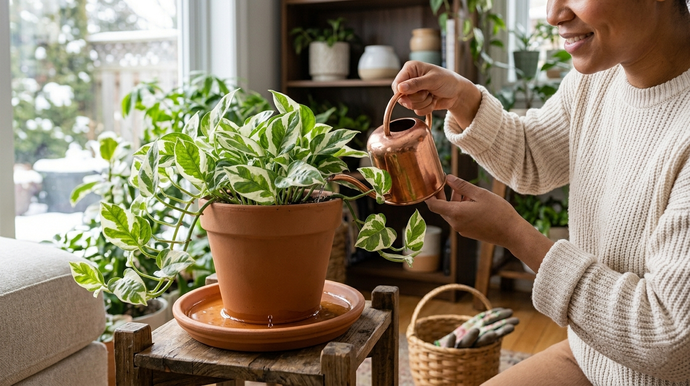 "Watering Glacier Pothos plant indoors with a watering can ensuring proper drainage."