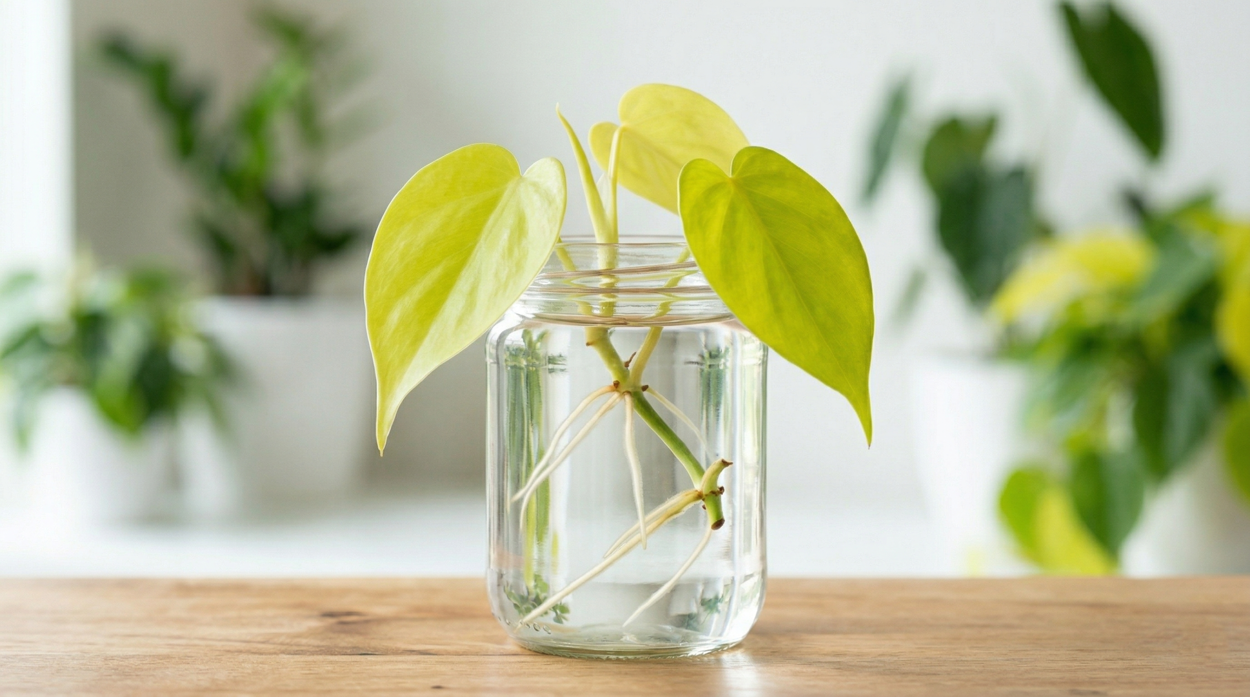 "Lemon Lime Philodendron cutting being propagated in water with roots forming."