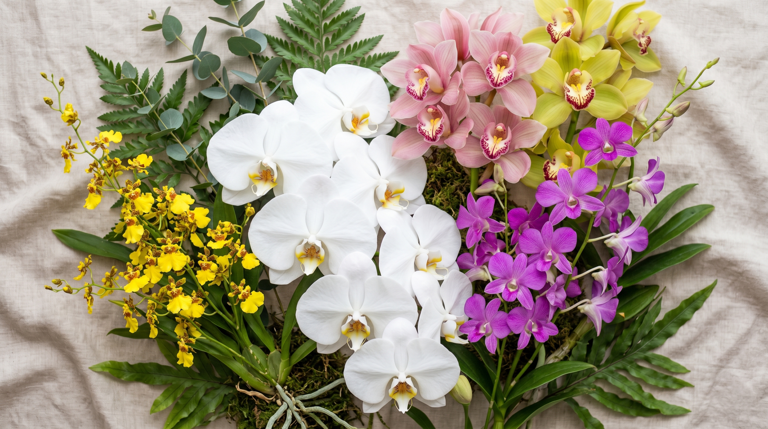 Different types of orchids for bouquets including Phalaenopsis, Dendrobium, Cymbidium, and Oncidium