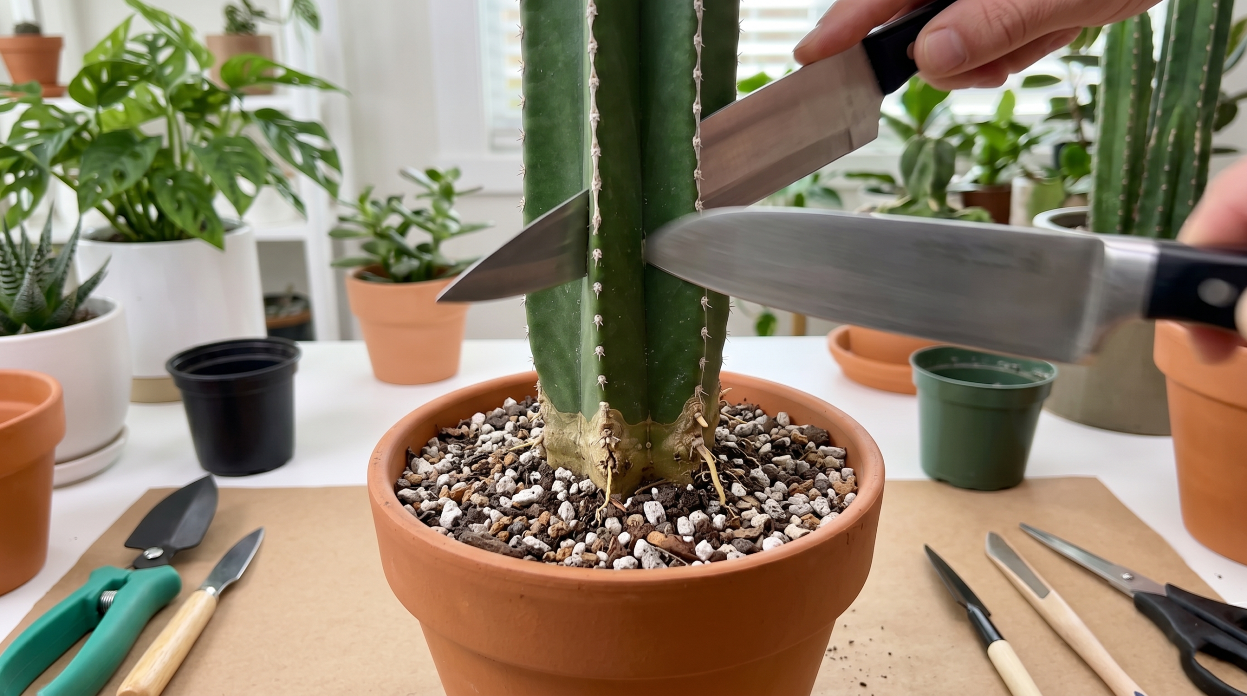 Propagating a Mexican Fence Post Cactus by cutting and replanting in a new pot.