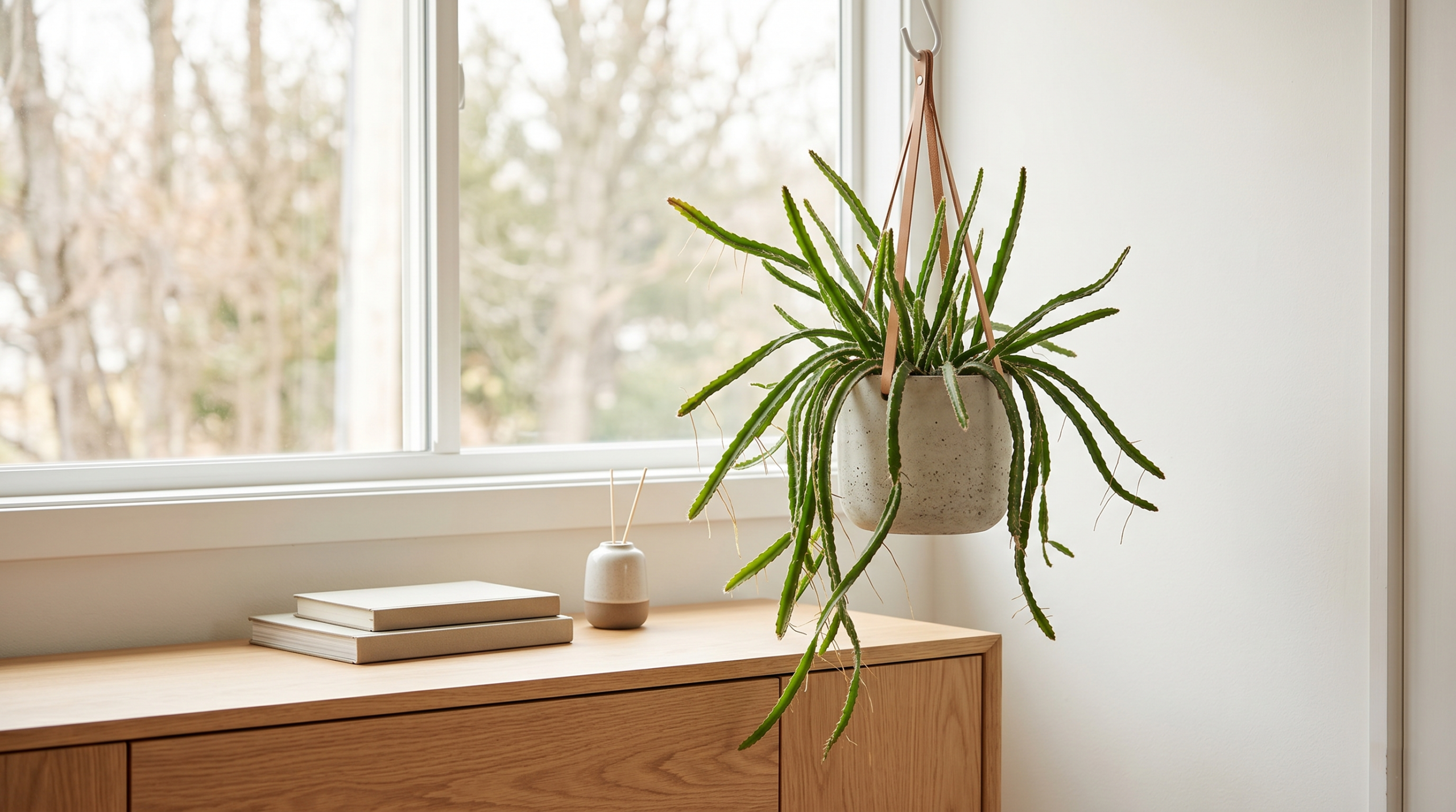 Healthy moonlight cactus plant growing indoors near a bright window