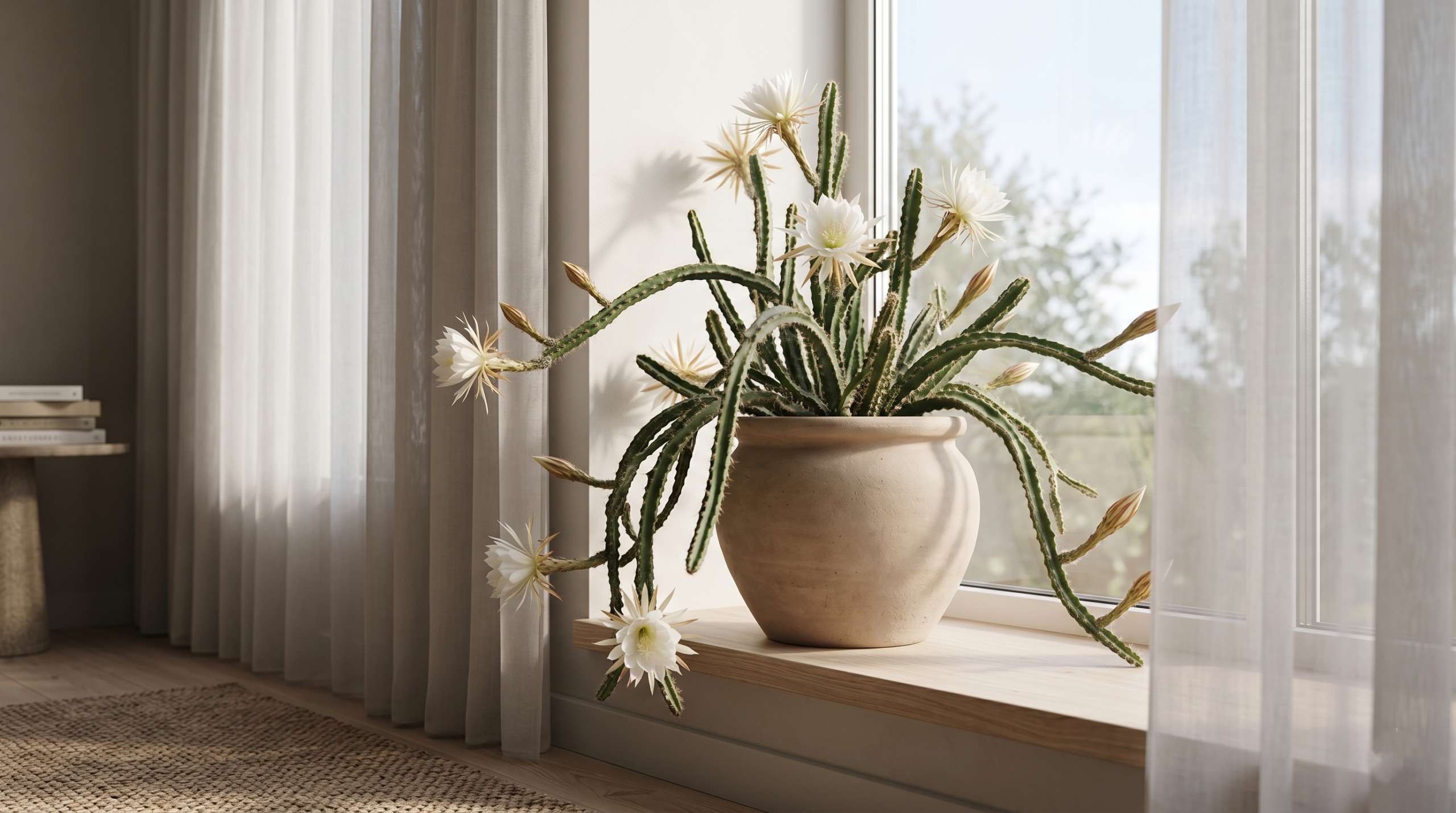 Moonlight cactus receiving bright indirect sunlight near a window