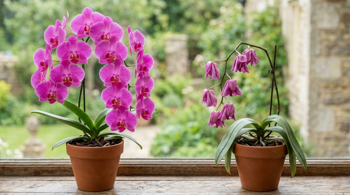 Comparison of fresh orchids and wilted orchids showing signs of poor care