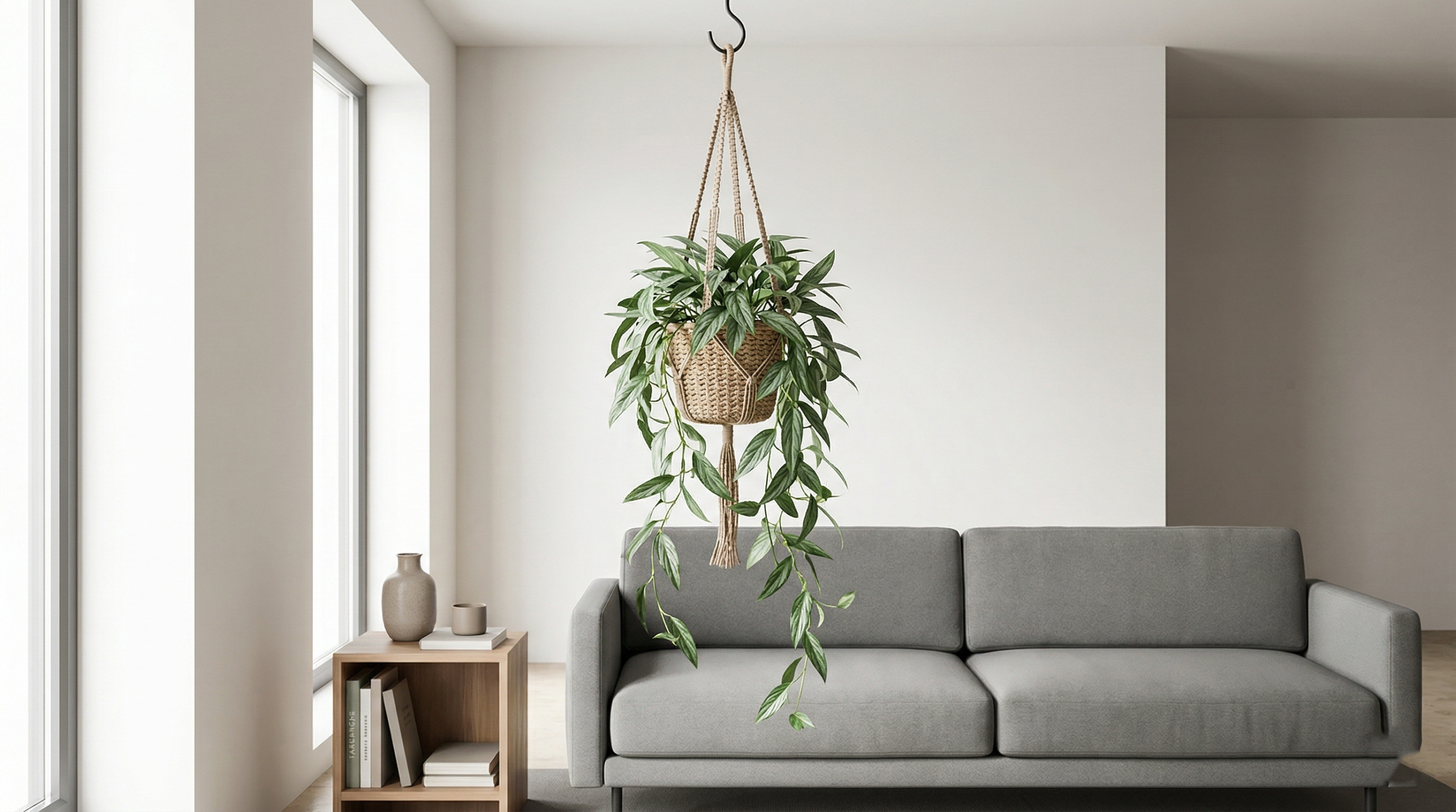 Silver Streak Pothos hanging in a stylish living room with bright, indirect light.