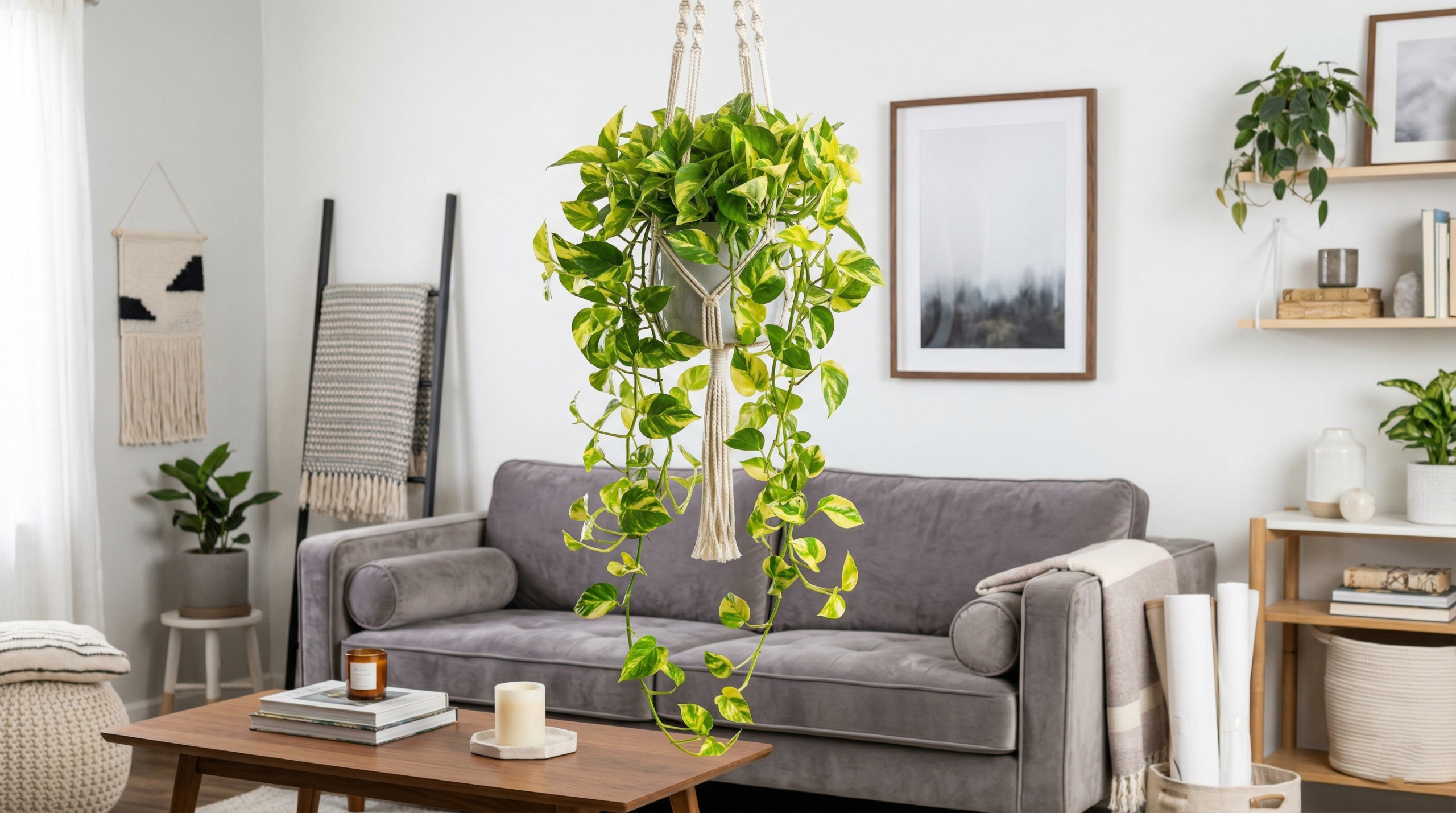 "Lemon Meringue Pothos displayed in a stylish hanging basket in a cozy living room."