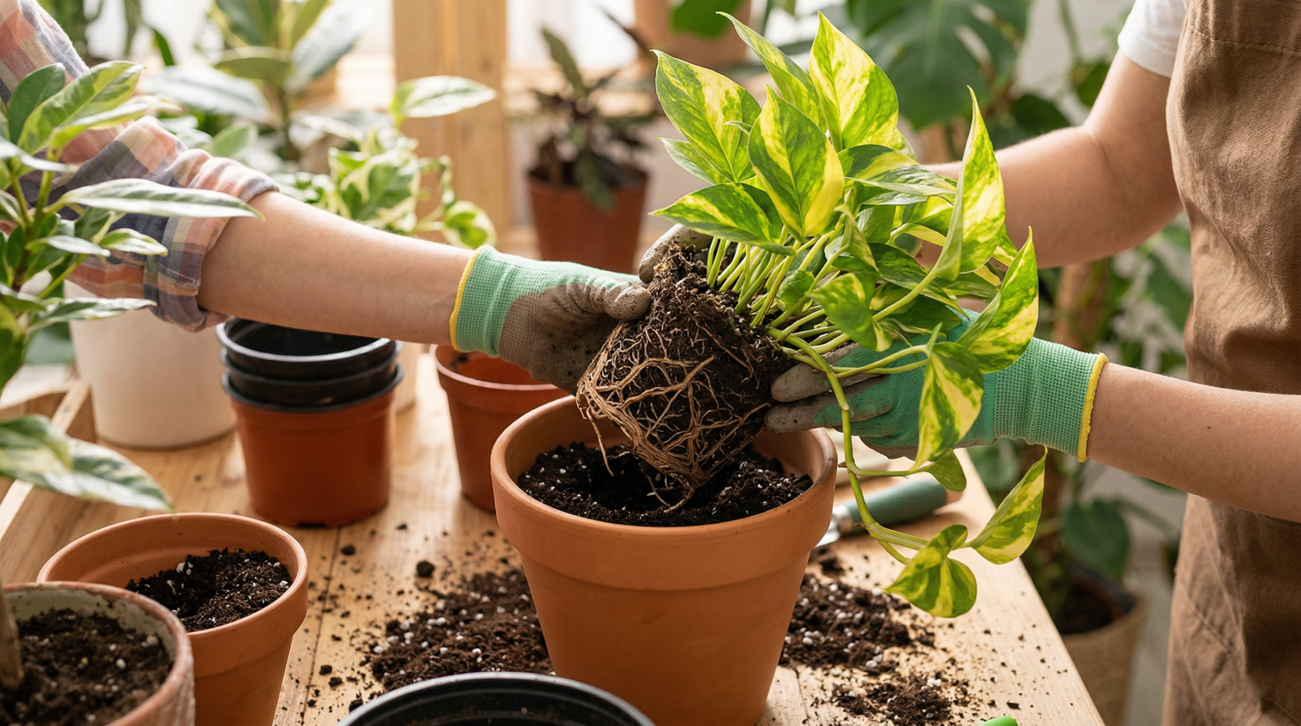 Repotting Lemon Meringue Pothos plant with fresh soil and new pot."