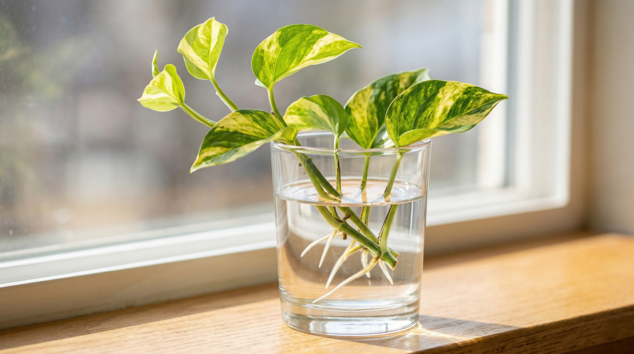 "Lemon Meringue Pothos cutting propagating in water with roots starting to grow."