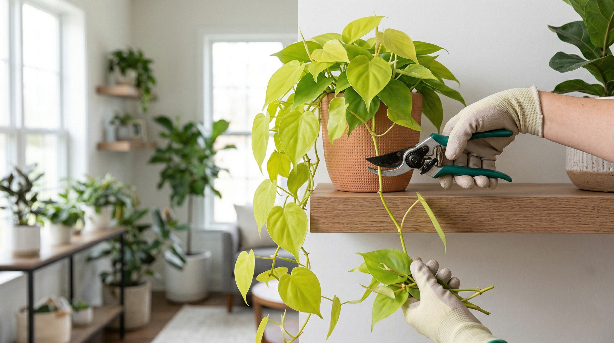 "Pruning Lemon Lime Philodendron to promote bushier growth."