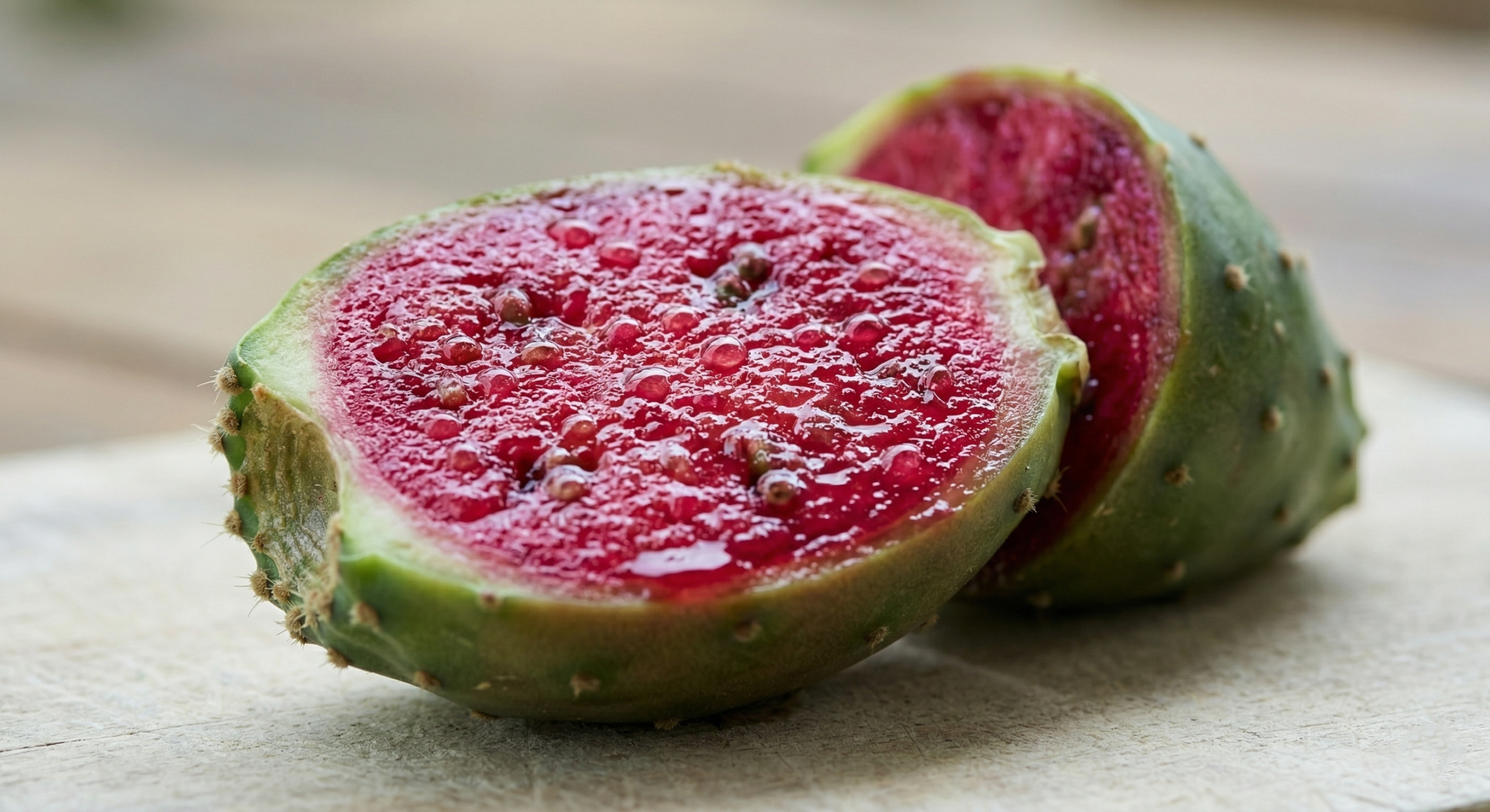 "Freshly sliced prickly pear cactus fruit showcasing its vibrant red interior, rich in nutrients."