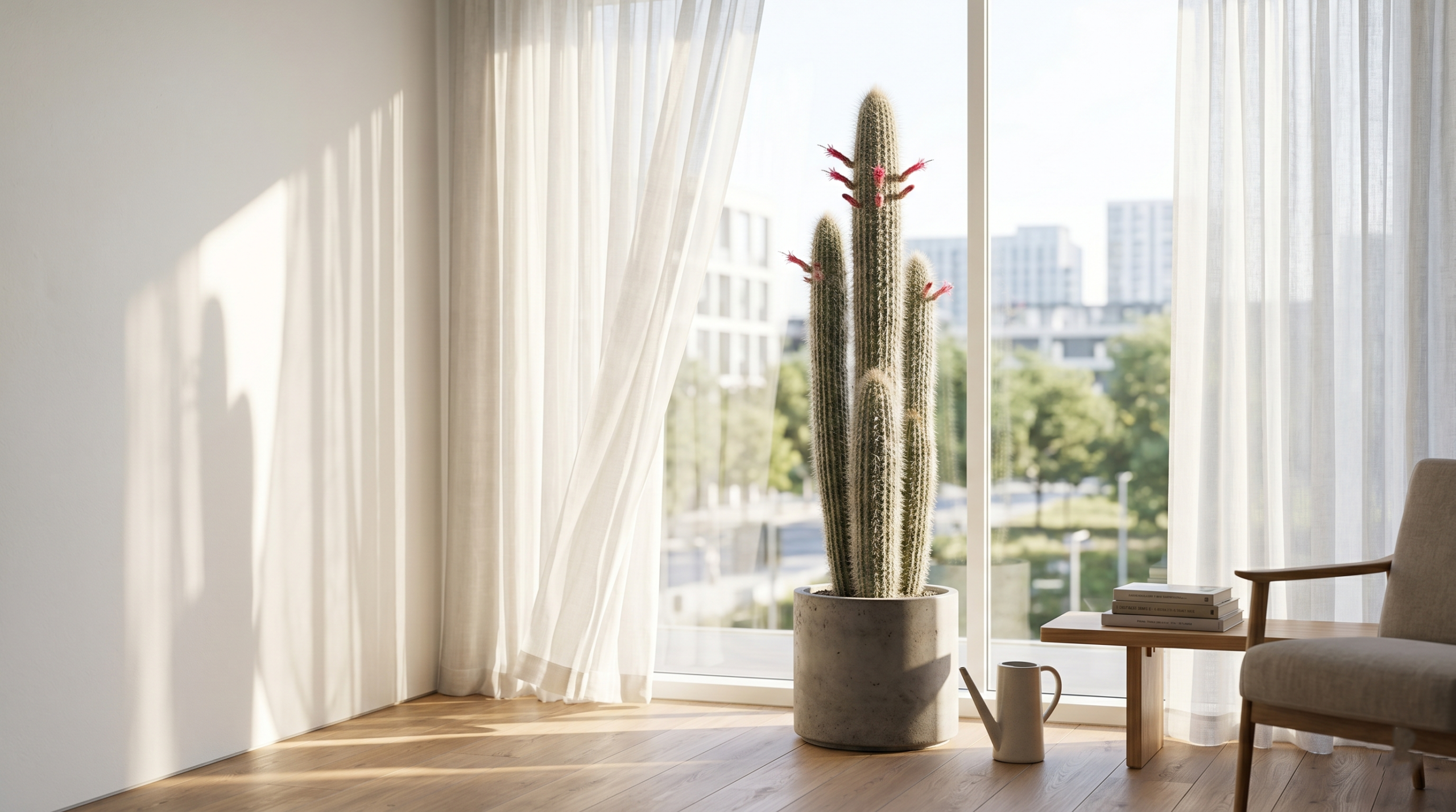 Silver torch cactus placed near a bright window with direct sunlight indoors