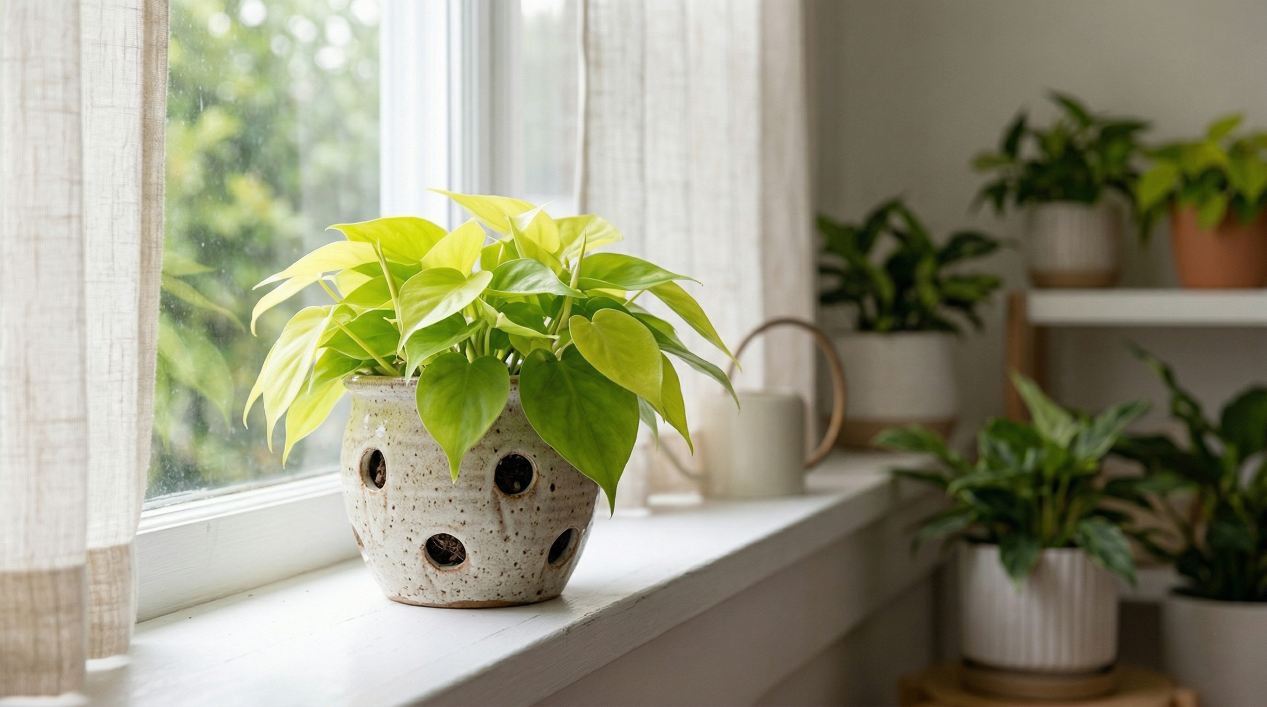 "Lemon Lime Philodendron in a decorative pot with drainage holes."