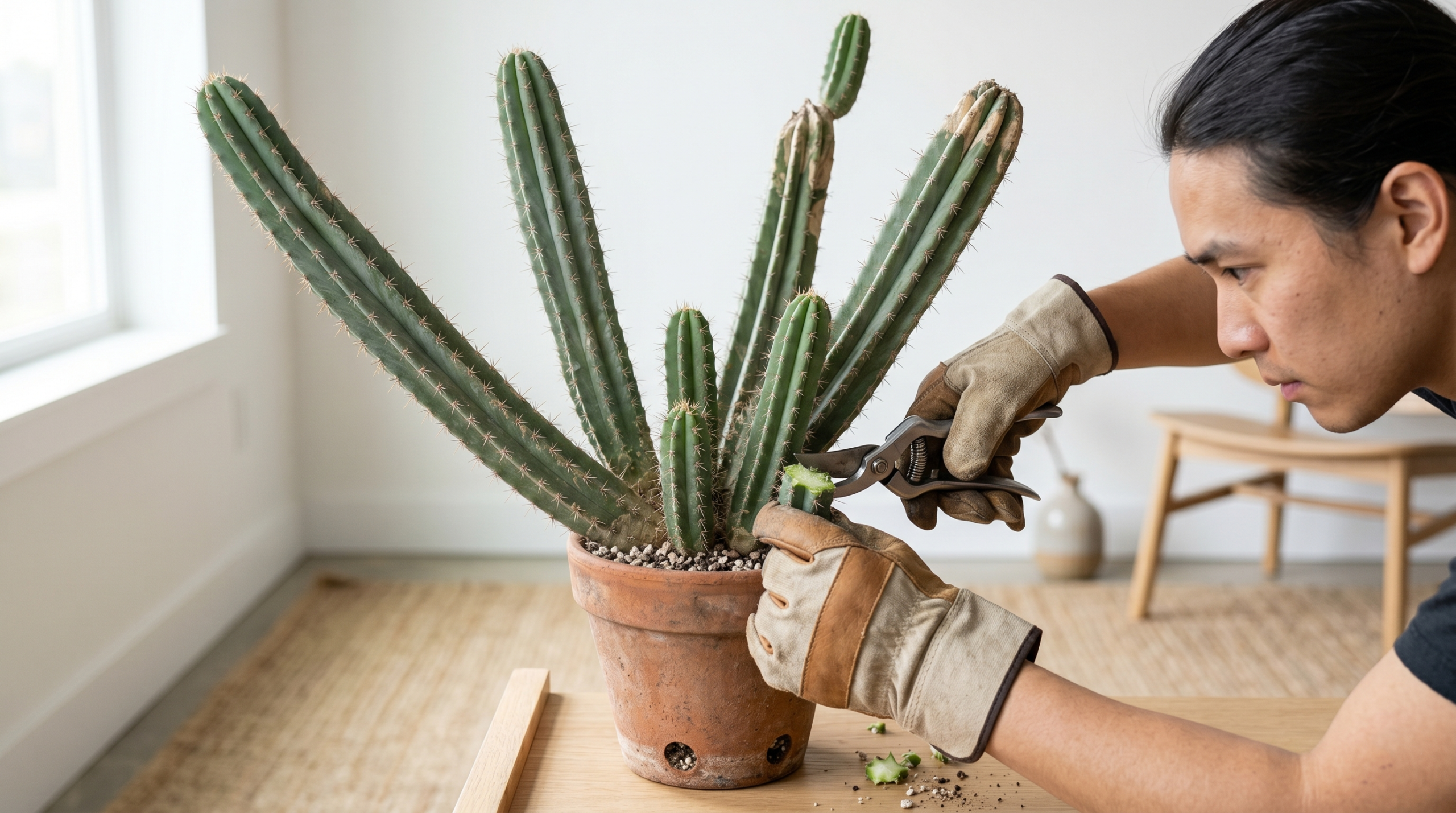 Pruning a healthy Mexican Fence Post Cactus indoors with proper safety measures.
