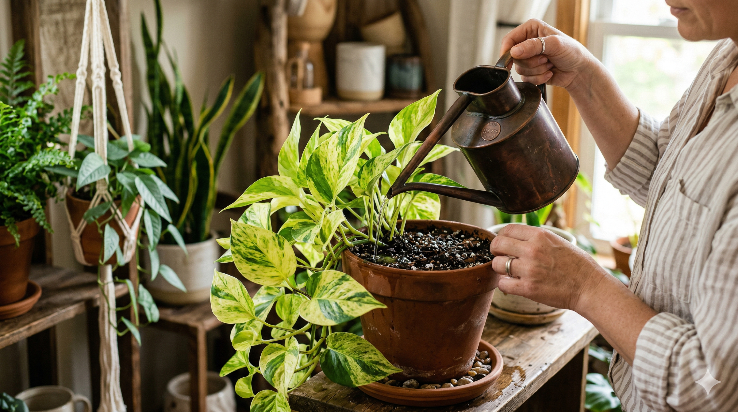 "Proper watering technique for Lemon Meringue Pothos in a cozy indoor setting."