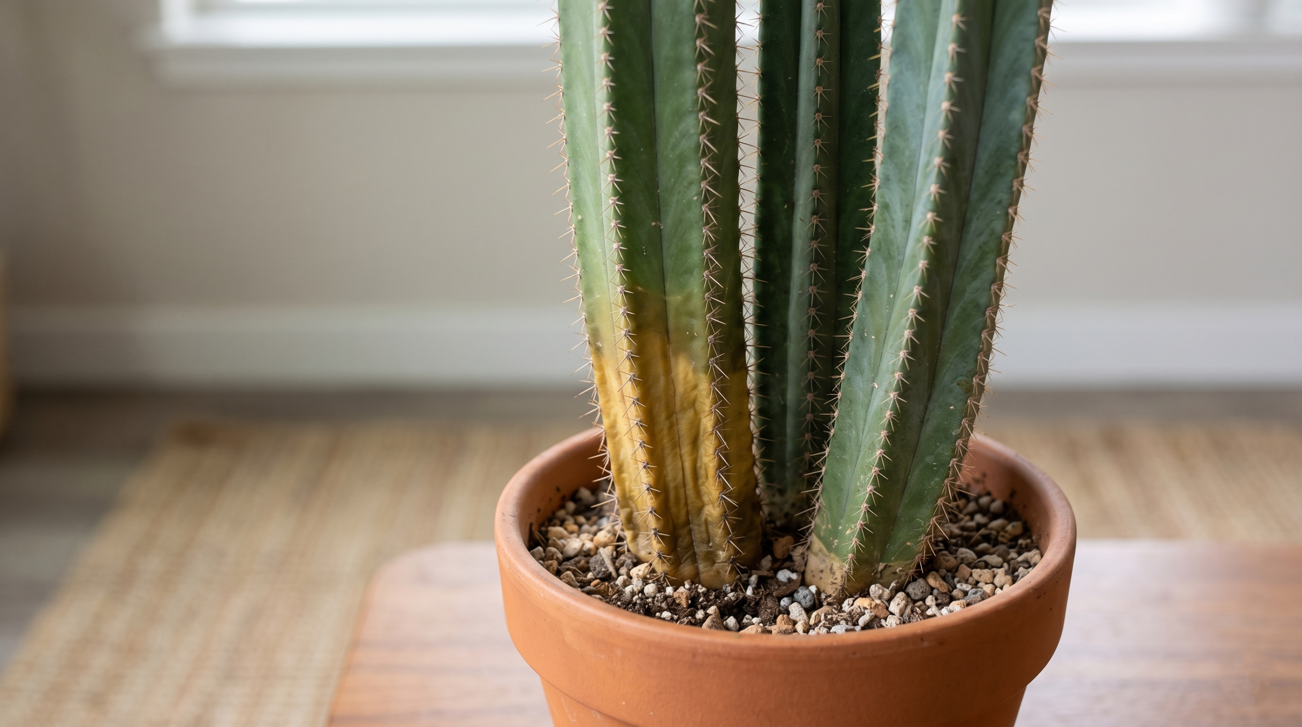 Yellowing stem of Mexican Fence Post Cactus due to overwatering or insufficient light.