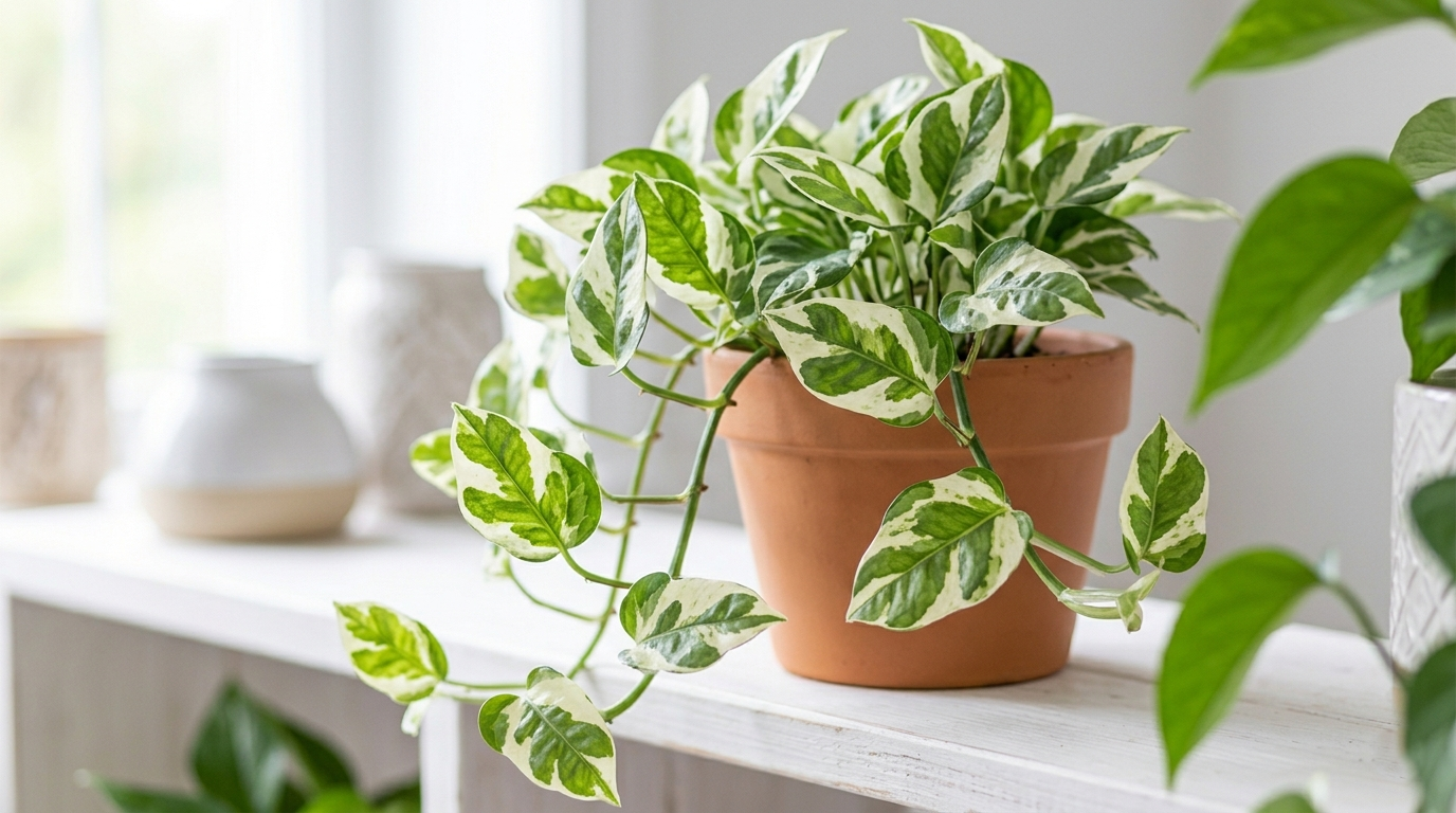 "Glacier Pothos in a decorative pot cascading over a shelf in bright indoor light."