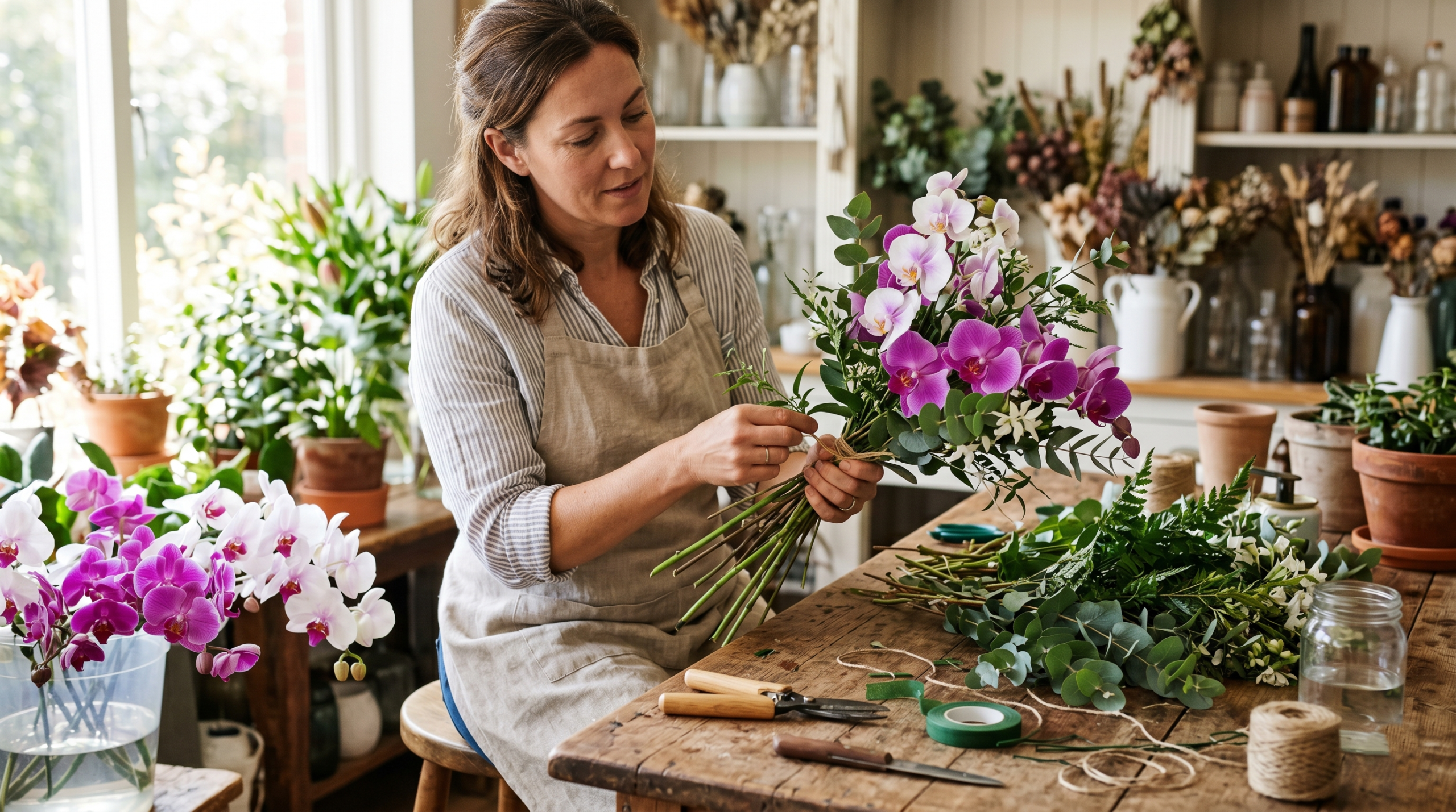 Arranging orchids into a bouquet using floral tools step by step