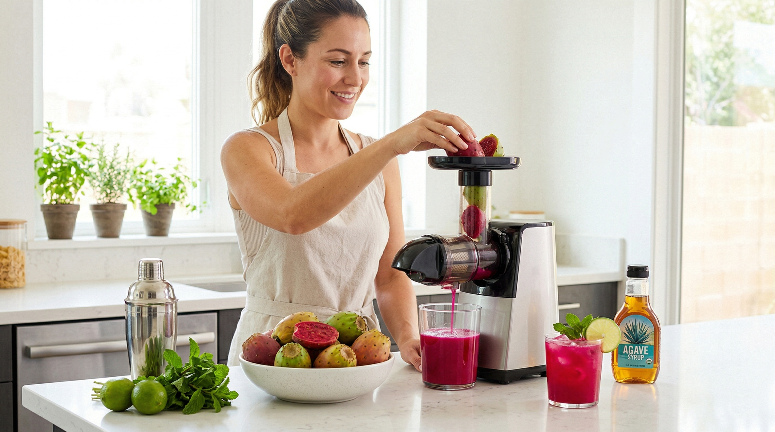 "Person preparing cactus prickly pear juice in a modern kitchen, showcasing the juice-making process."