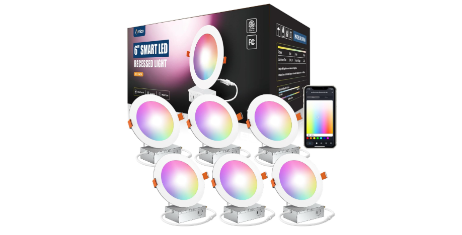 
Amico 6 Pack 6 Inch Smart LED Recessed Lighting, WiFi Canless Downlight with Junction Box, RGB & 2700-6500K Color Changing, 12W=110W 1000LM, Voice&...